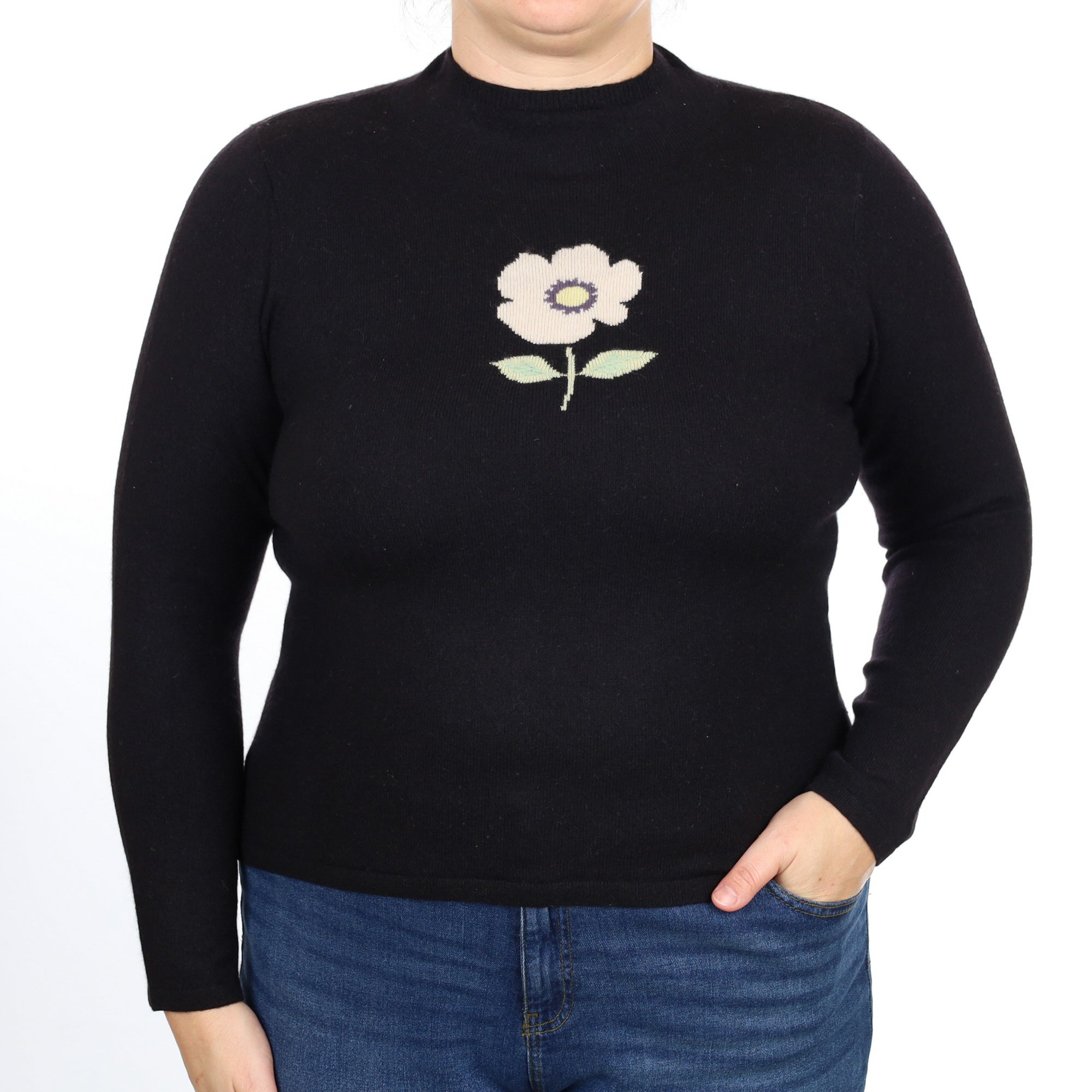 Black Flower Motif Cashmere Turtle Neck Jumper Large