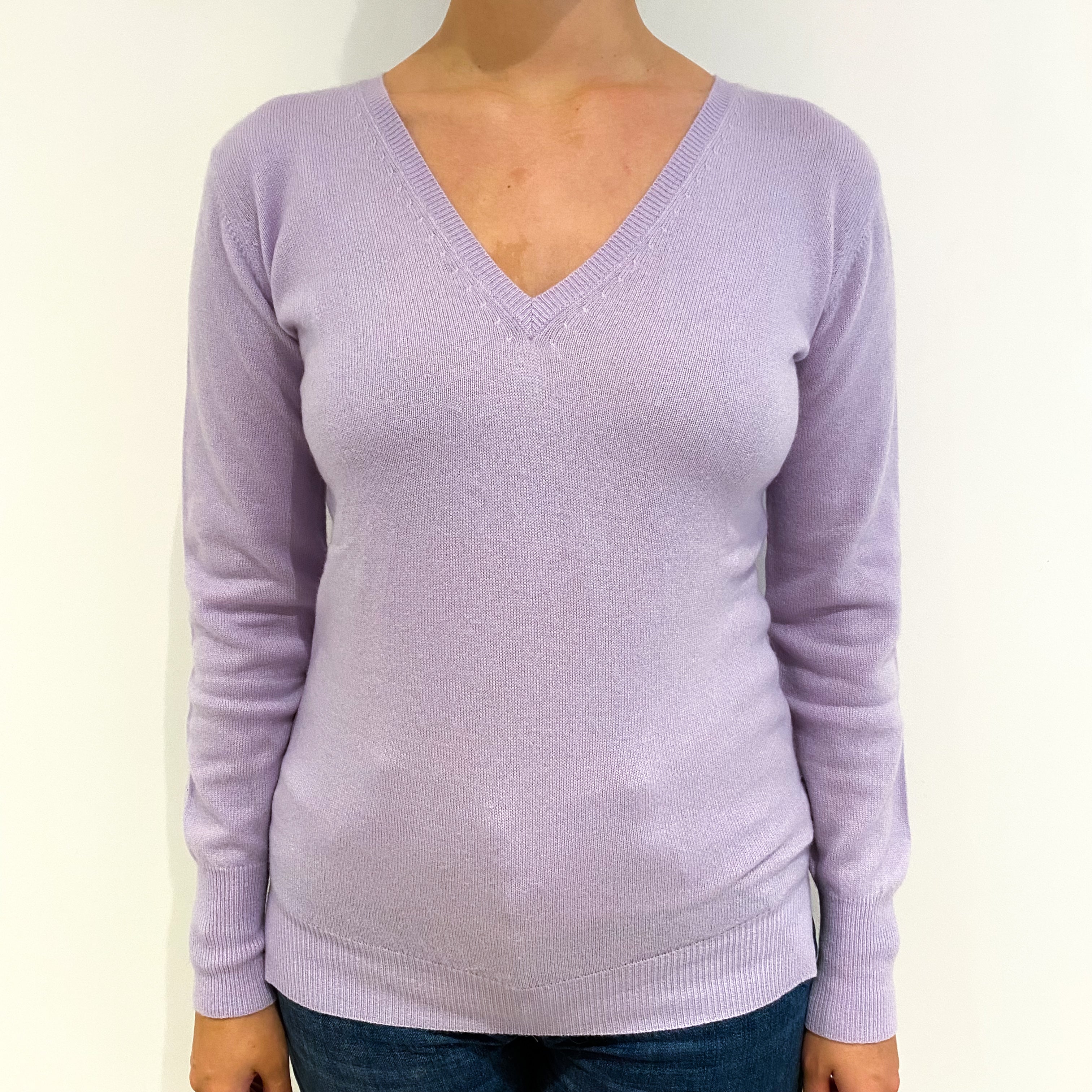 Pale Lavender Purple Cashmere V-Neck Jumper Small