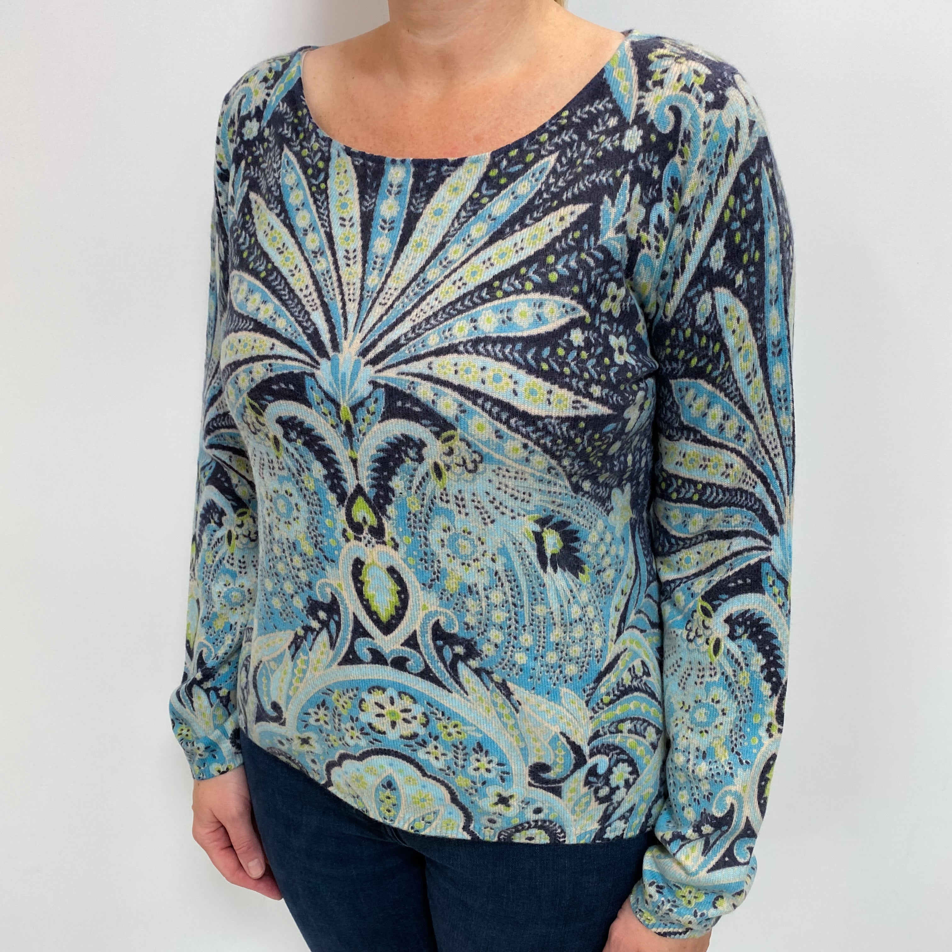 Blue Patterned Cashmere Slash Neck Jumper Large