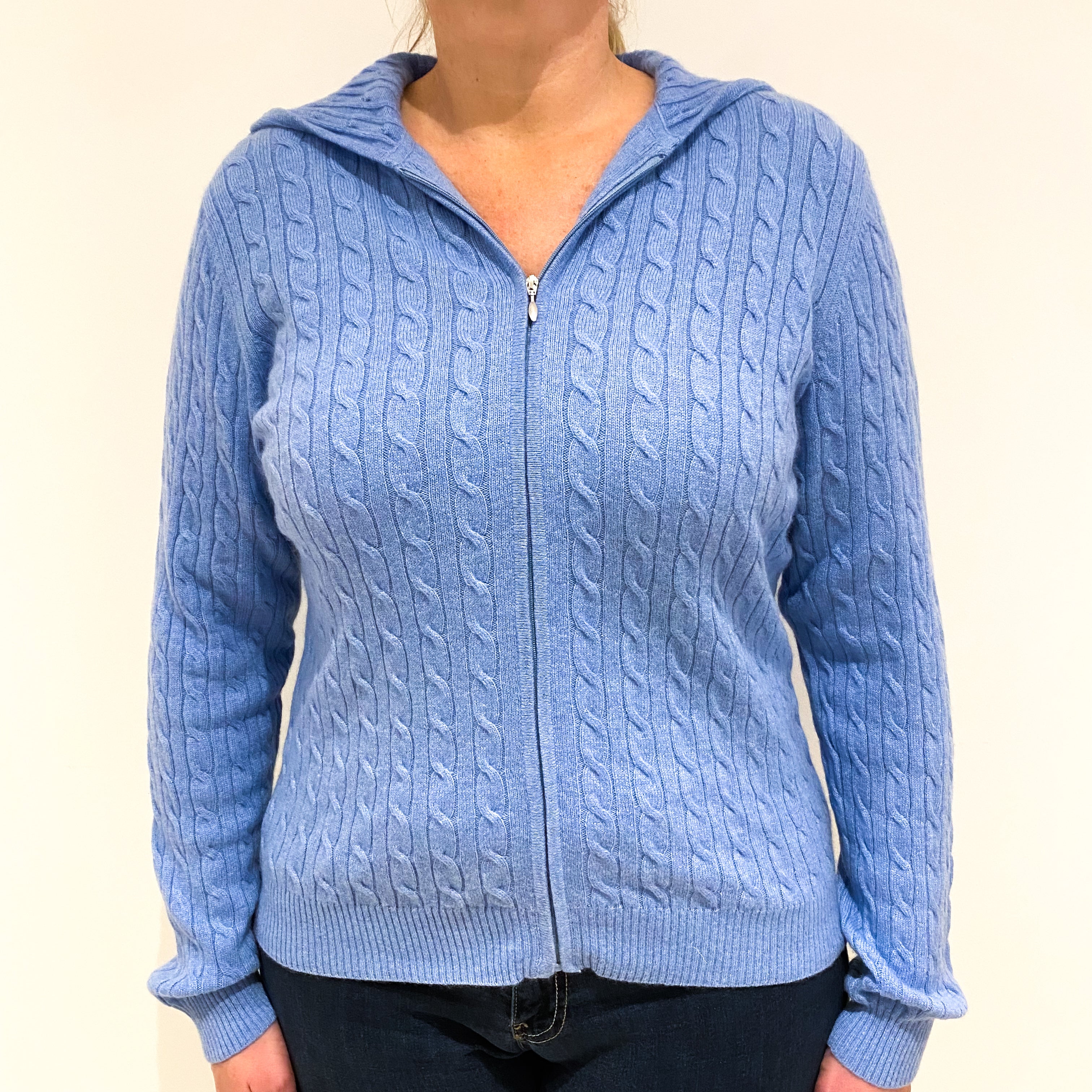 Sky Blue Cable Knit Cashmere Zip Up Hooded Jumper Large