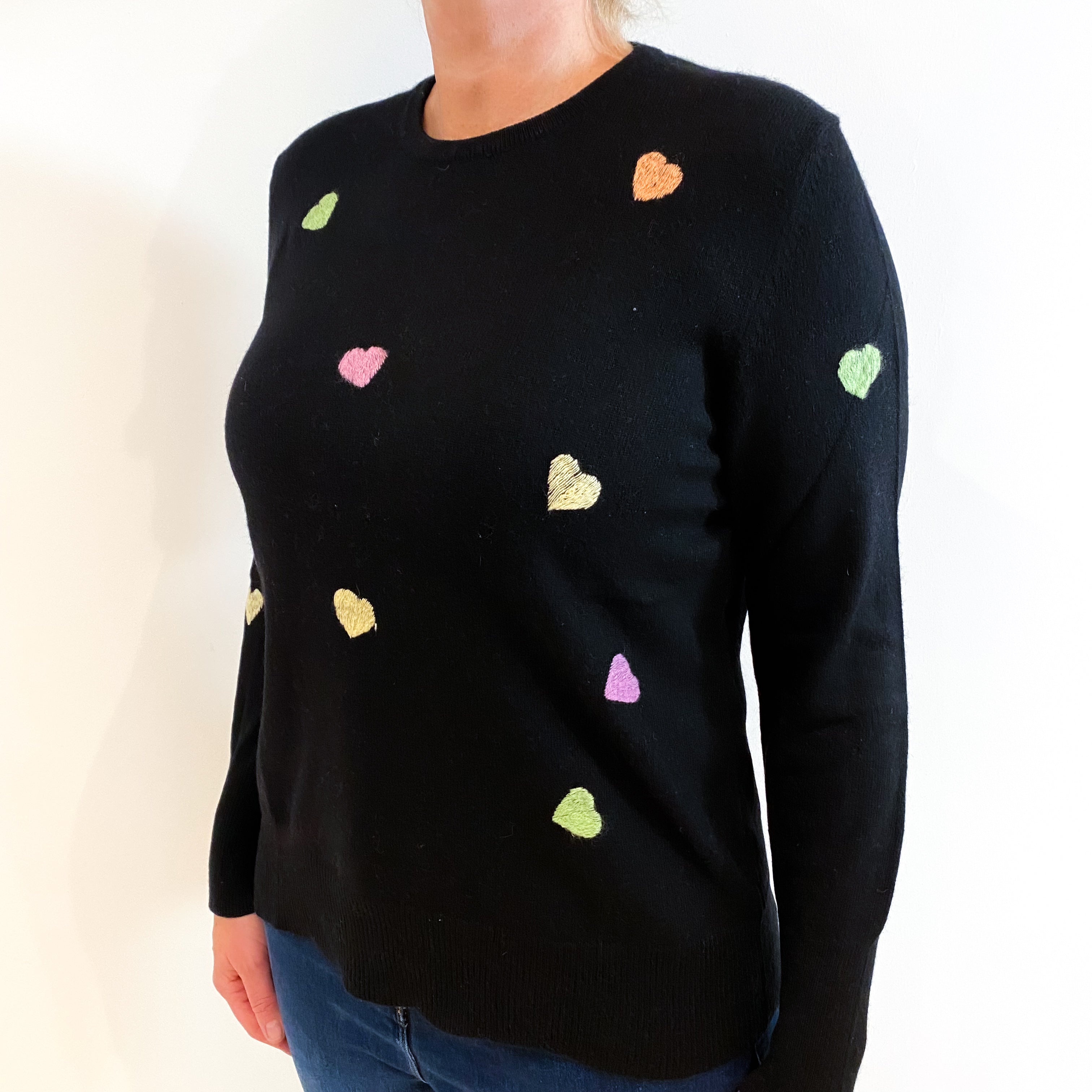 Black Love Heart Front Cashmere Crew Neck Jumper Large