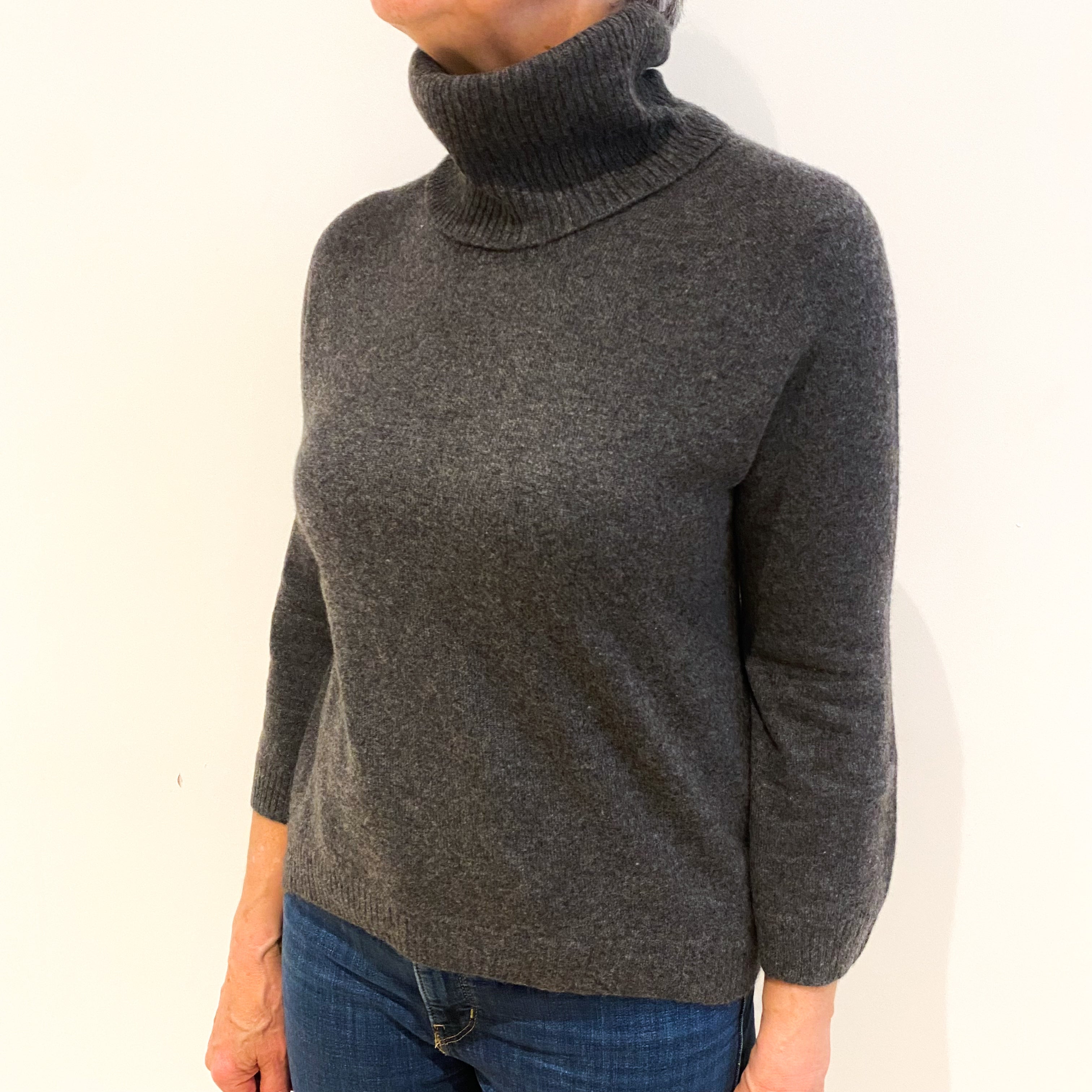 Slate Grey Cashmere Polo Neck Jumper Medium