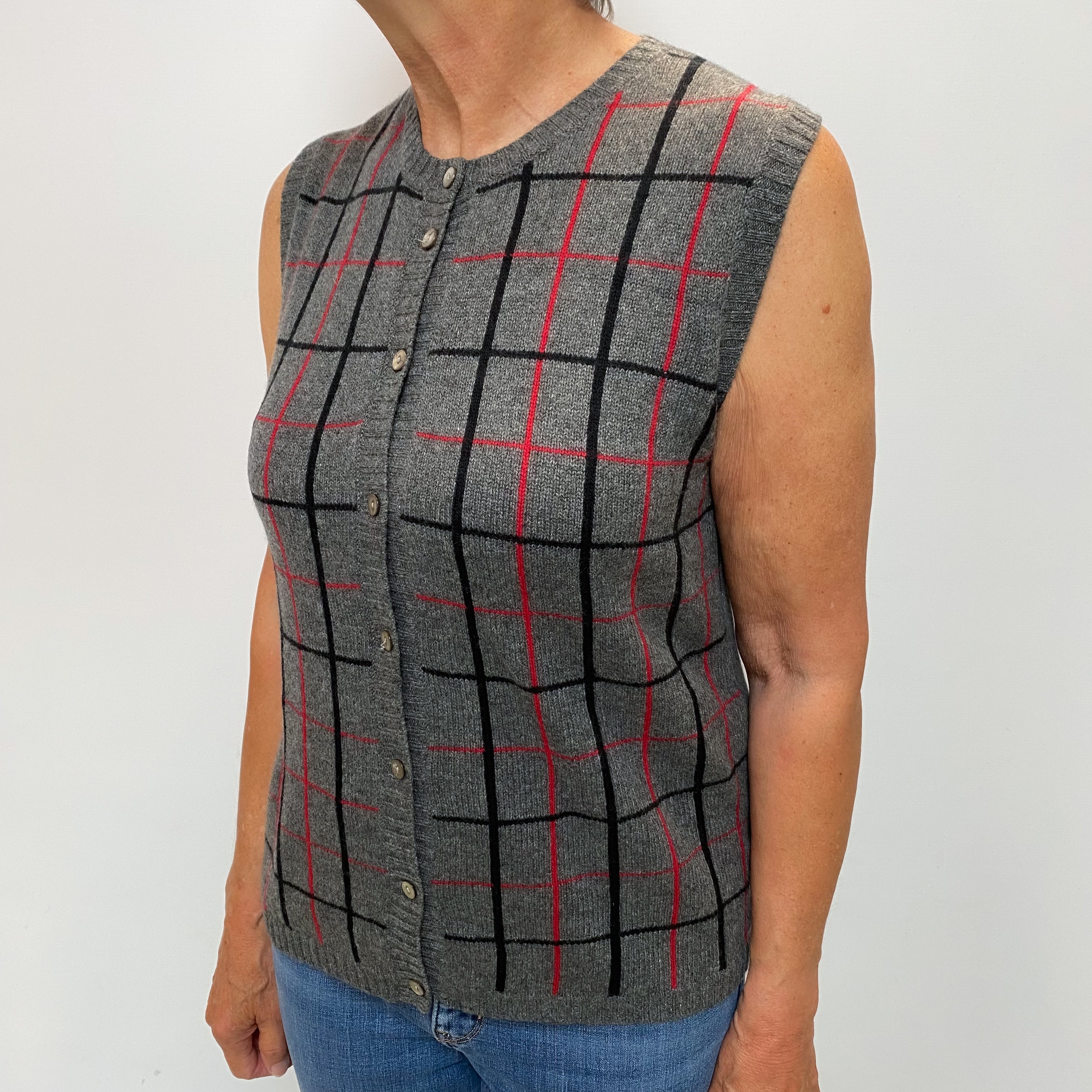 Slate Grey Checked Cashmere Sleeveless Cardigan Medium