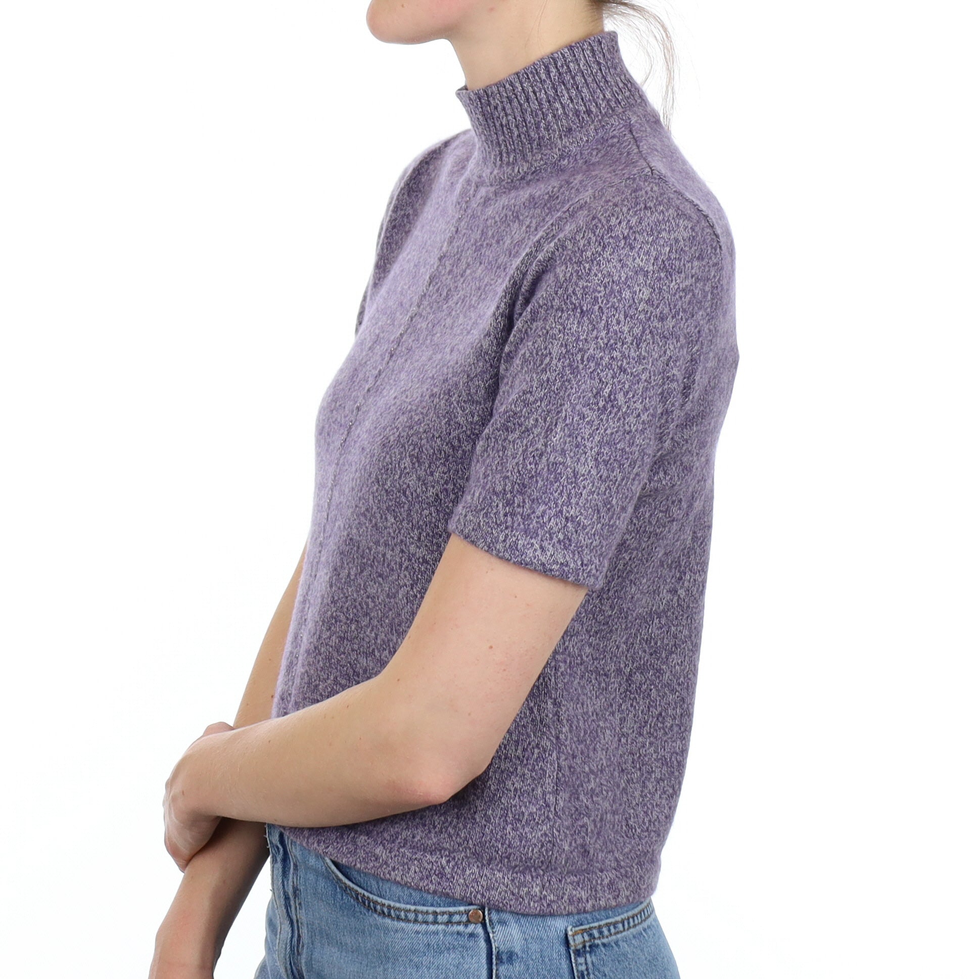 Purple Marl Cashmere Short Sleeve Turtle Neck Jumper Small
