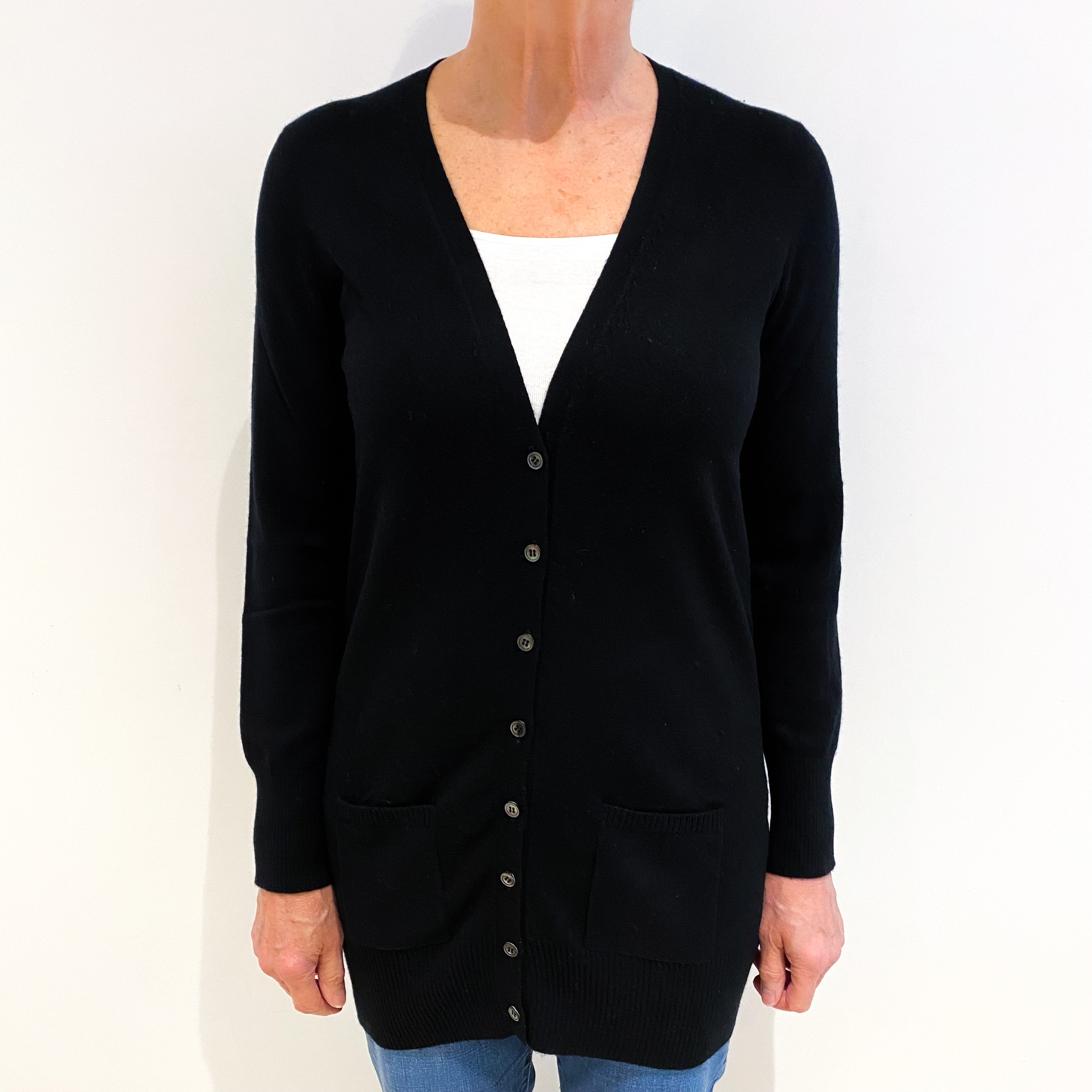 Black Cashmere V Neck Boyfriend Cardigan Medium