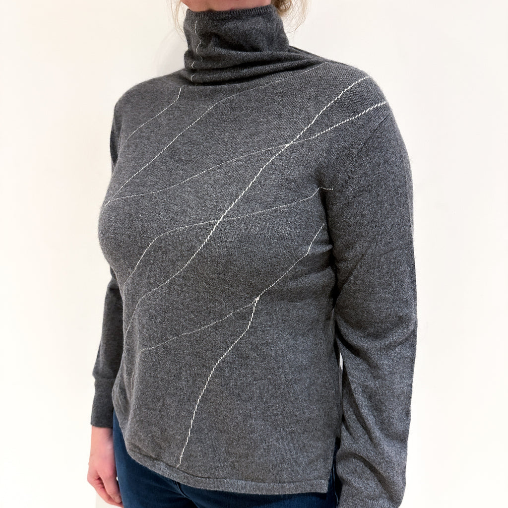 Slate Grey Patterned Cashmere Funnel Neck Jumper Large