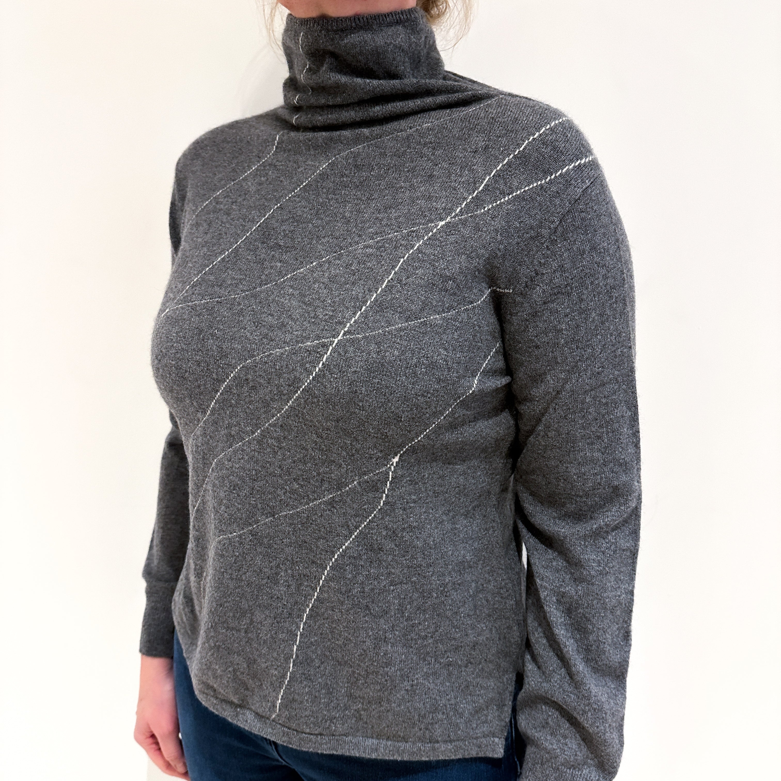 Slate Grey Patterned Cashmere Funnel Neck Jumper Large