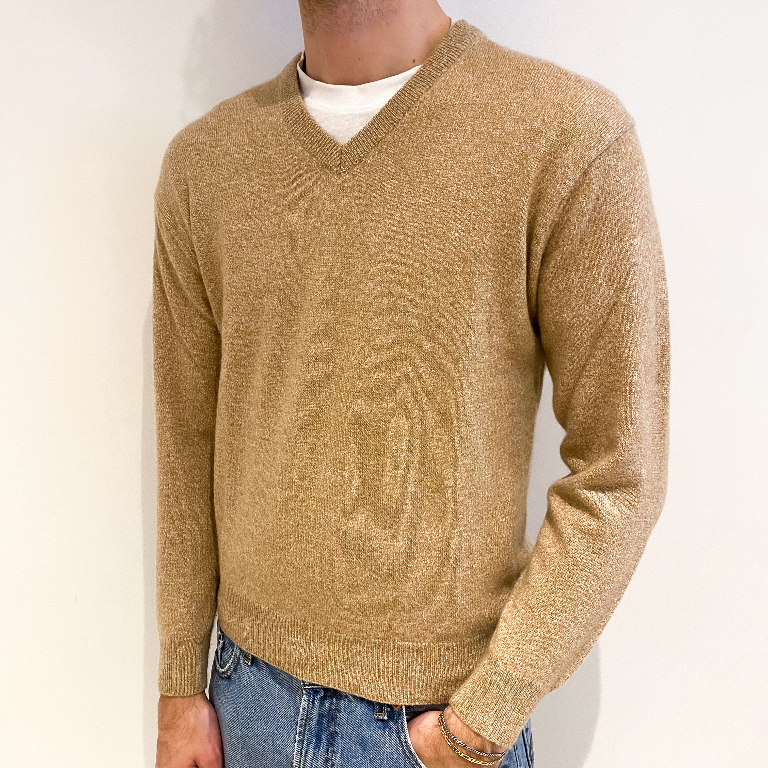 Men's Caramel Brown Marl Cashmere V Neck Jumper Medium