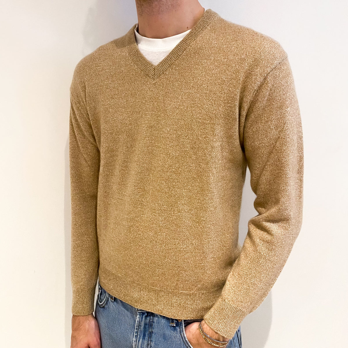 Men's Caramel Brown Marl Cashmere V Neck Jumper Medium
