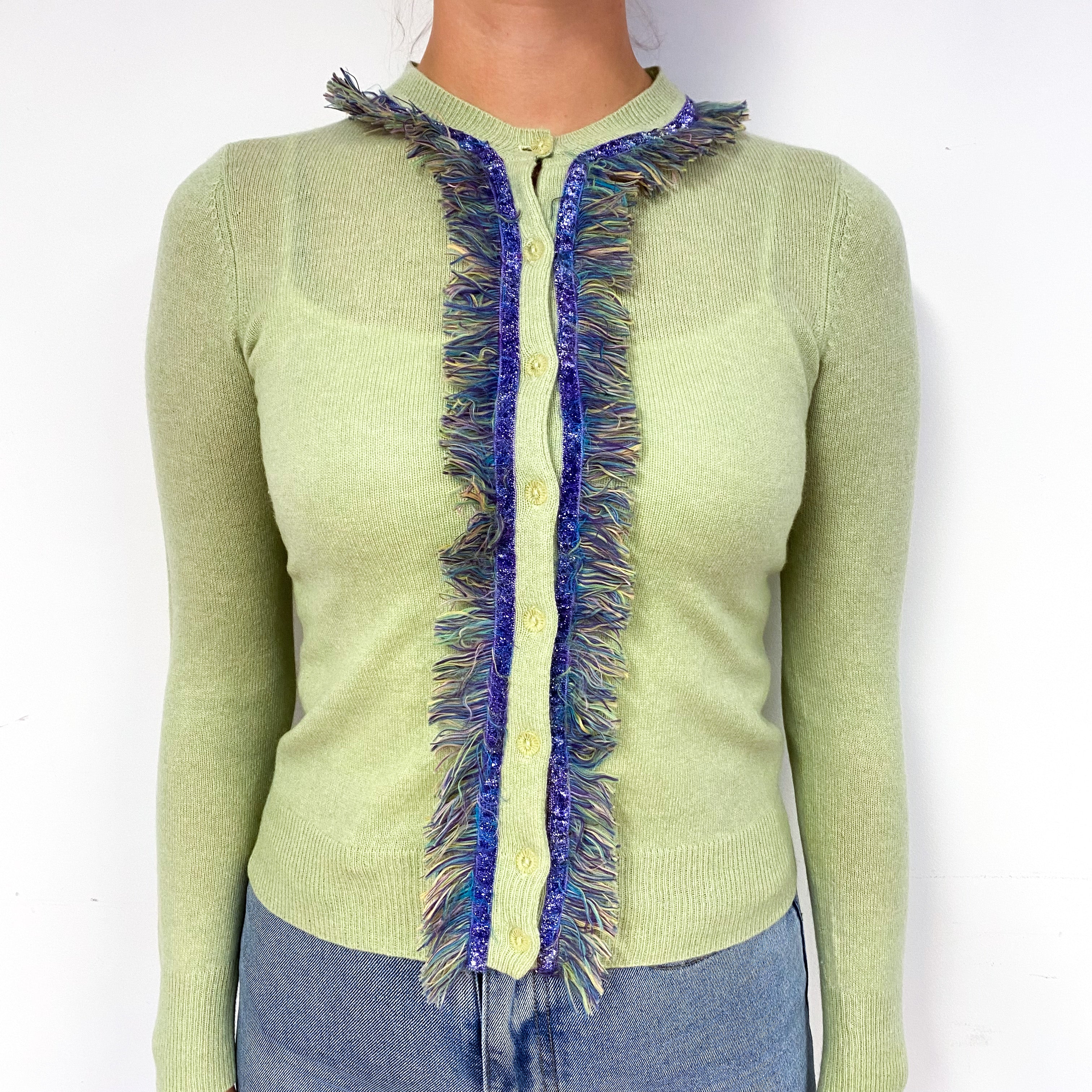 Lime Green Fringed Cashmere Cardigan Small