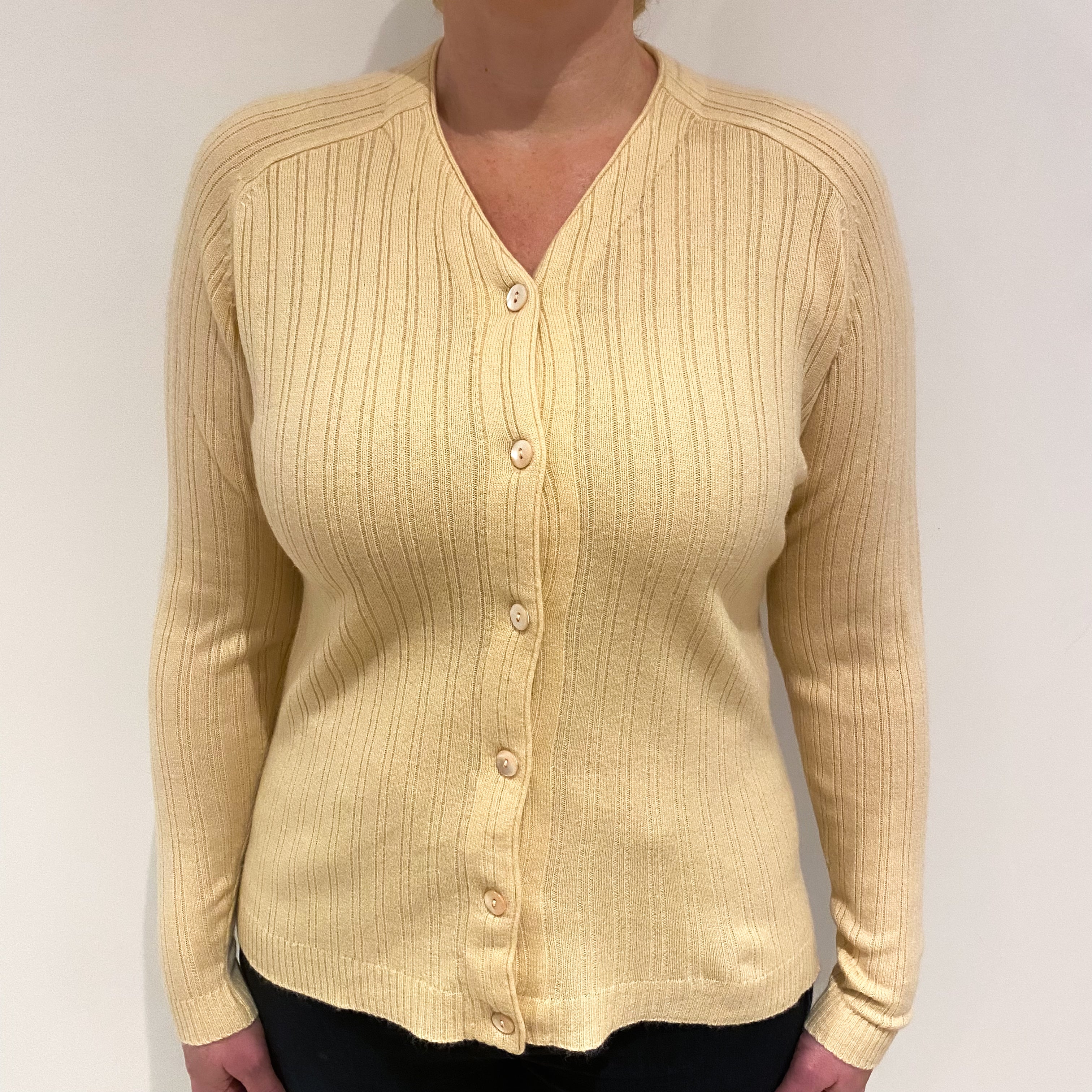 Honey Beige Ribbed Cashmere V Cardigan Large