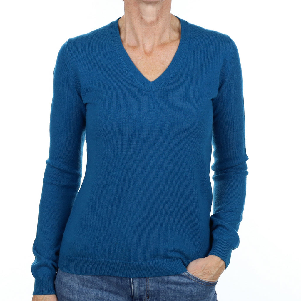 Teal Blue Cashmere V Neck Jumper Small
