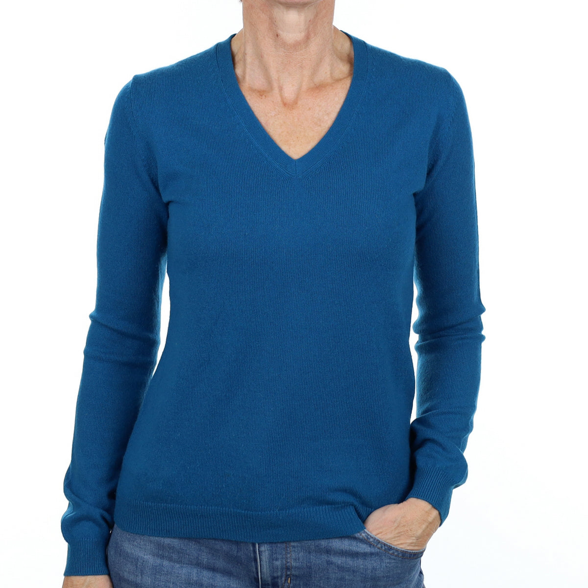 Teal Blue Cashmere V Neck Jumper Small