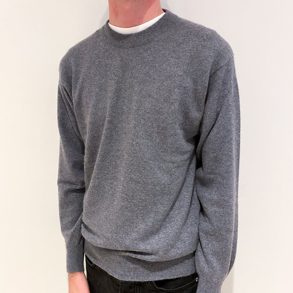 Men's Steel Grey Cashmere Crew Neck Jumper Small
