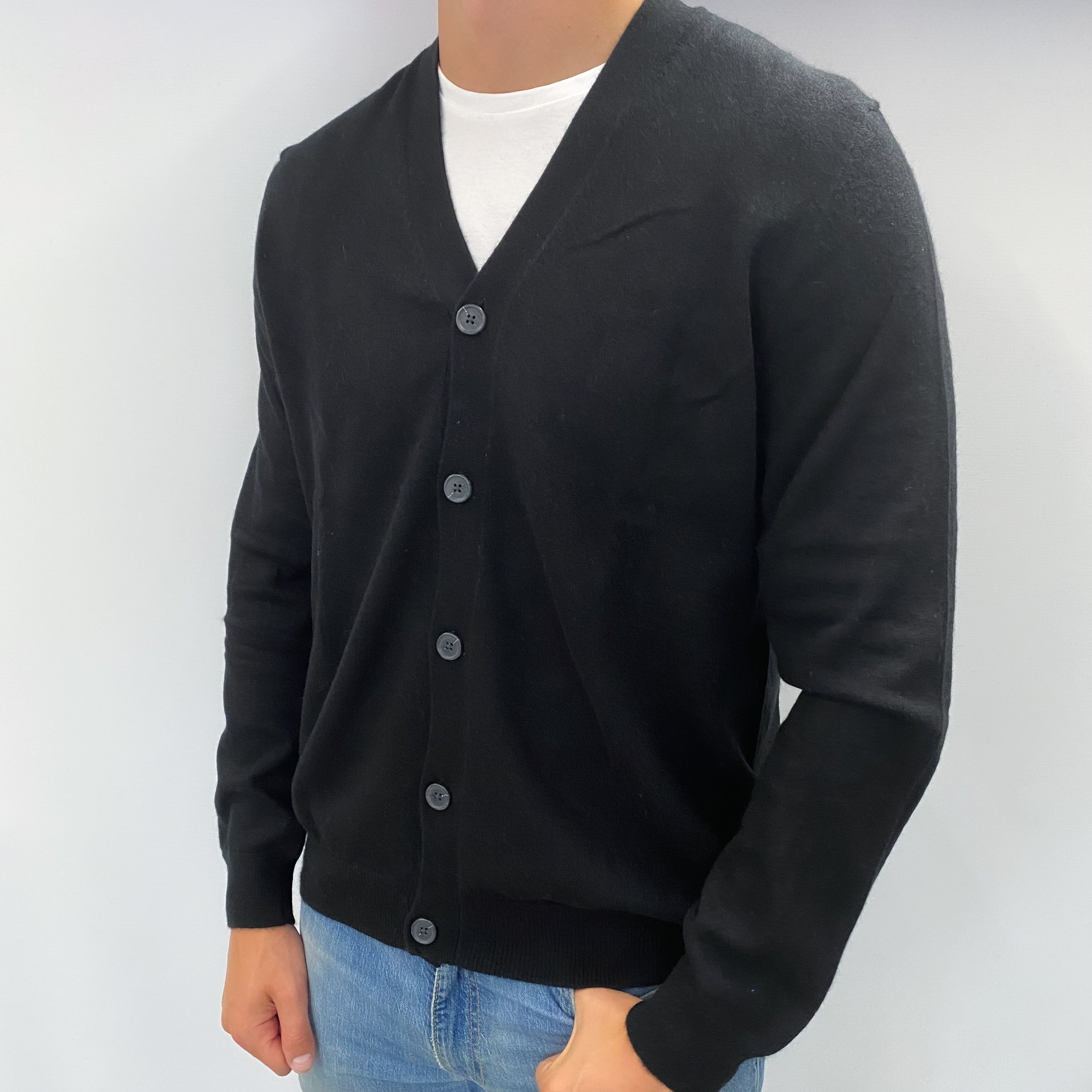 Men's Black Cashmere V Neck Cardigan XL
