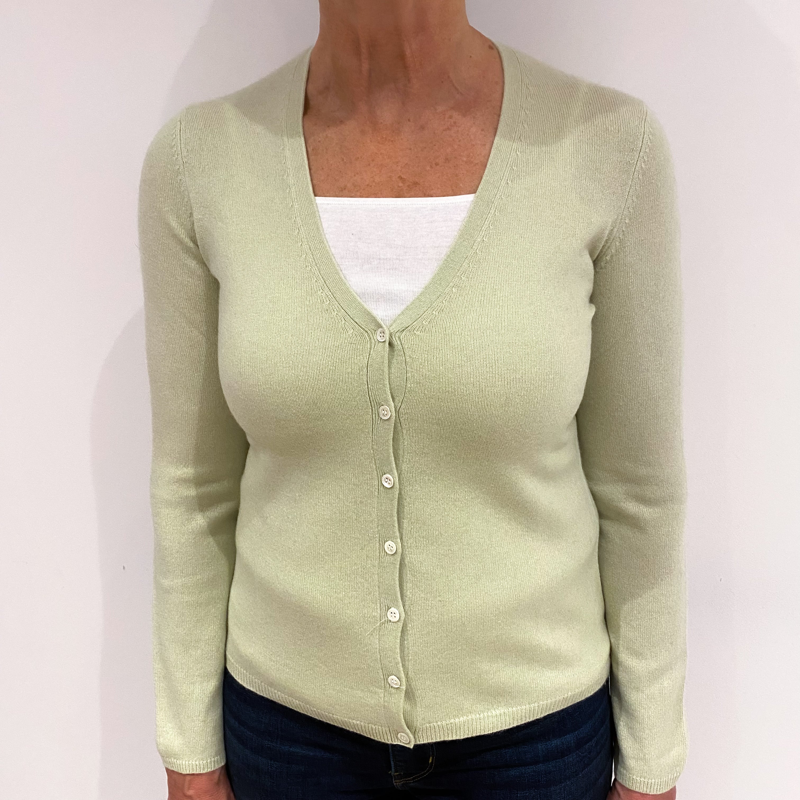 Avocado Green Cashmere V Neck Cardigan Medium