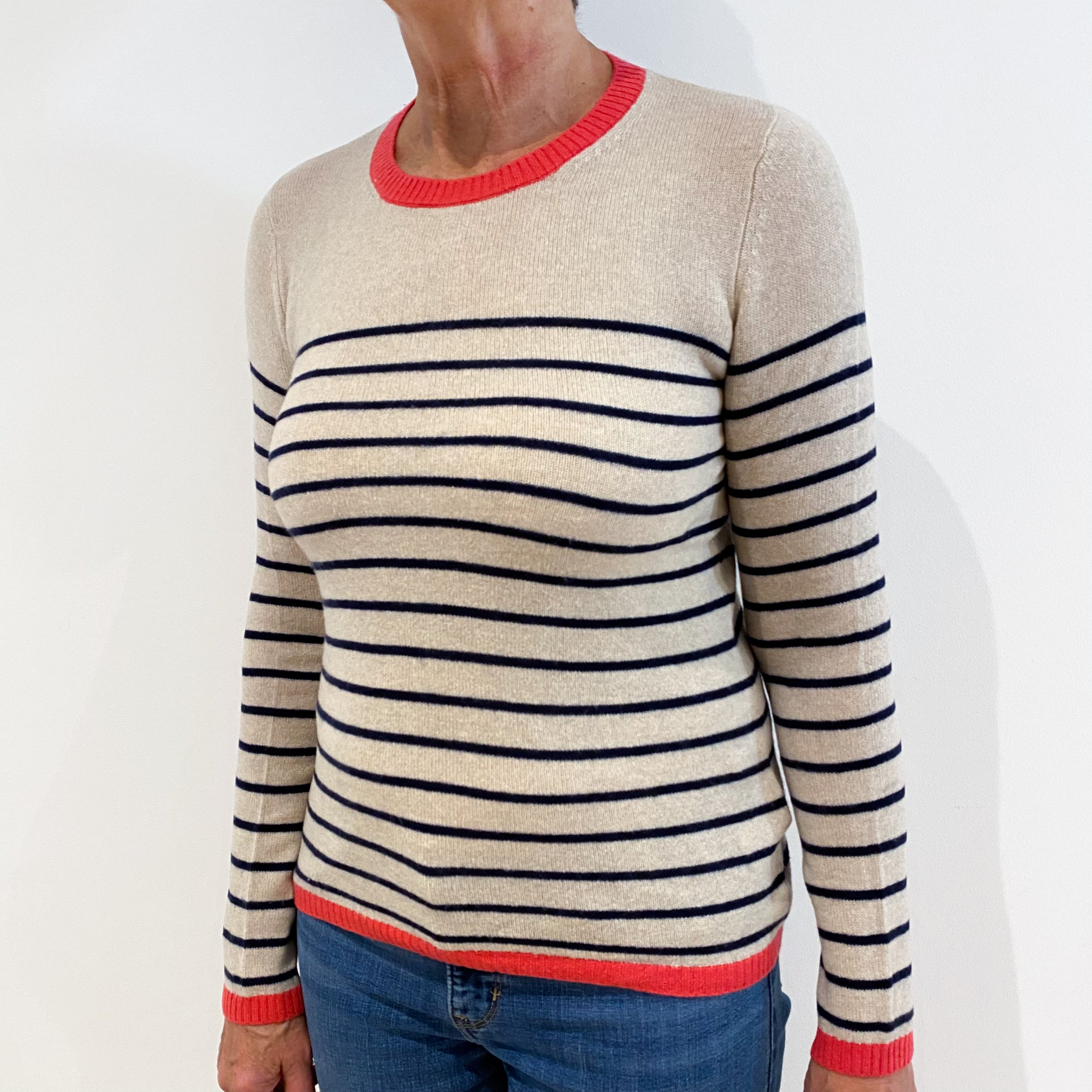Oatmeal with Navy Stripes Cashmere Crew Neck Jumper Medium