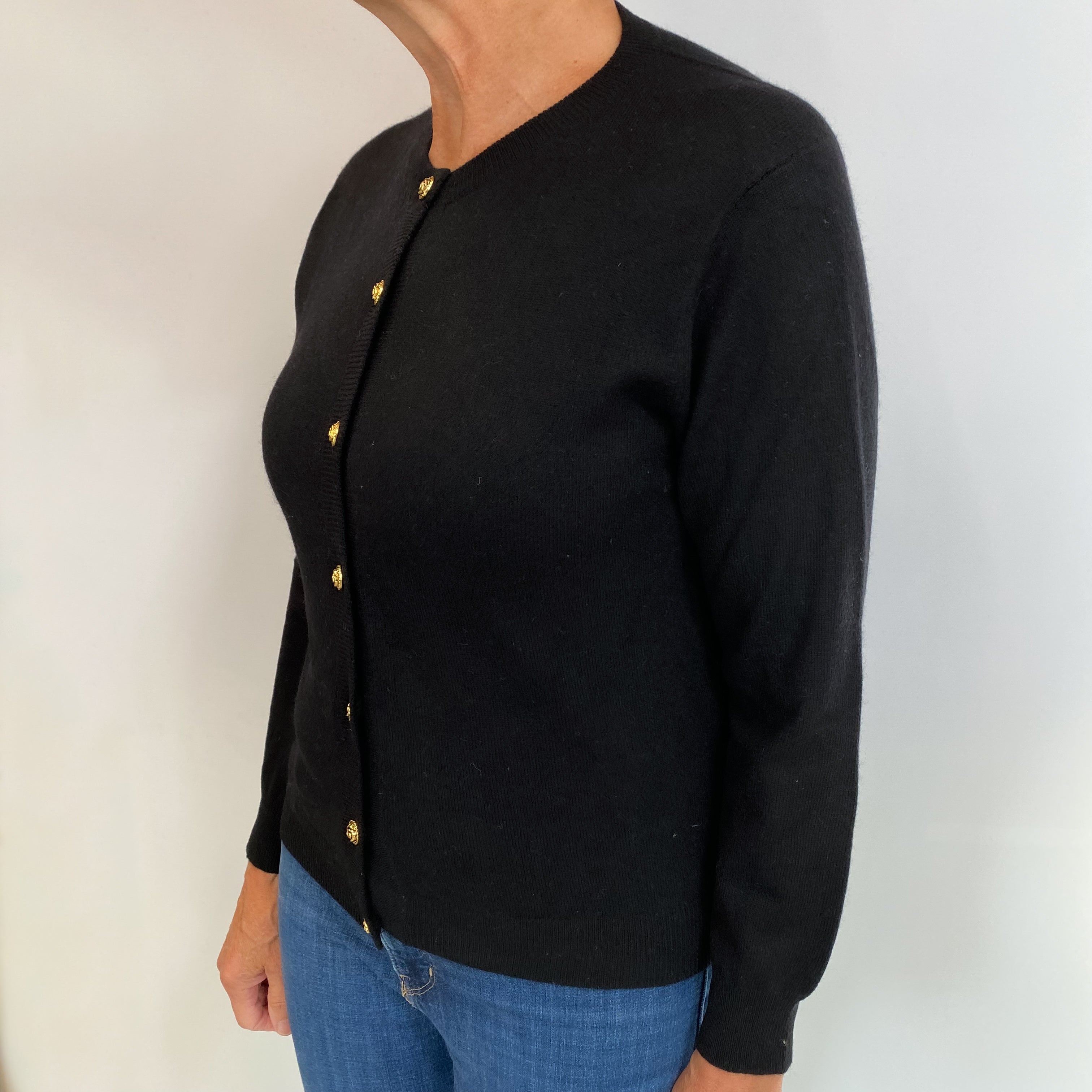 Black Cashmere Crew Neck Cardigan Medium