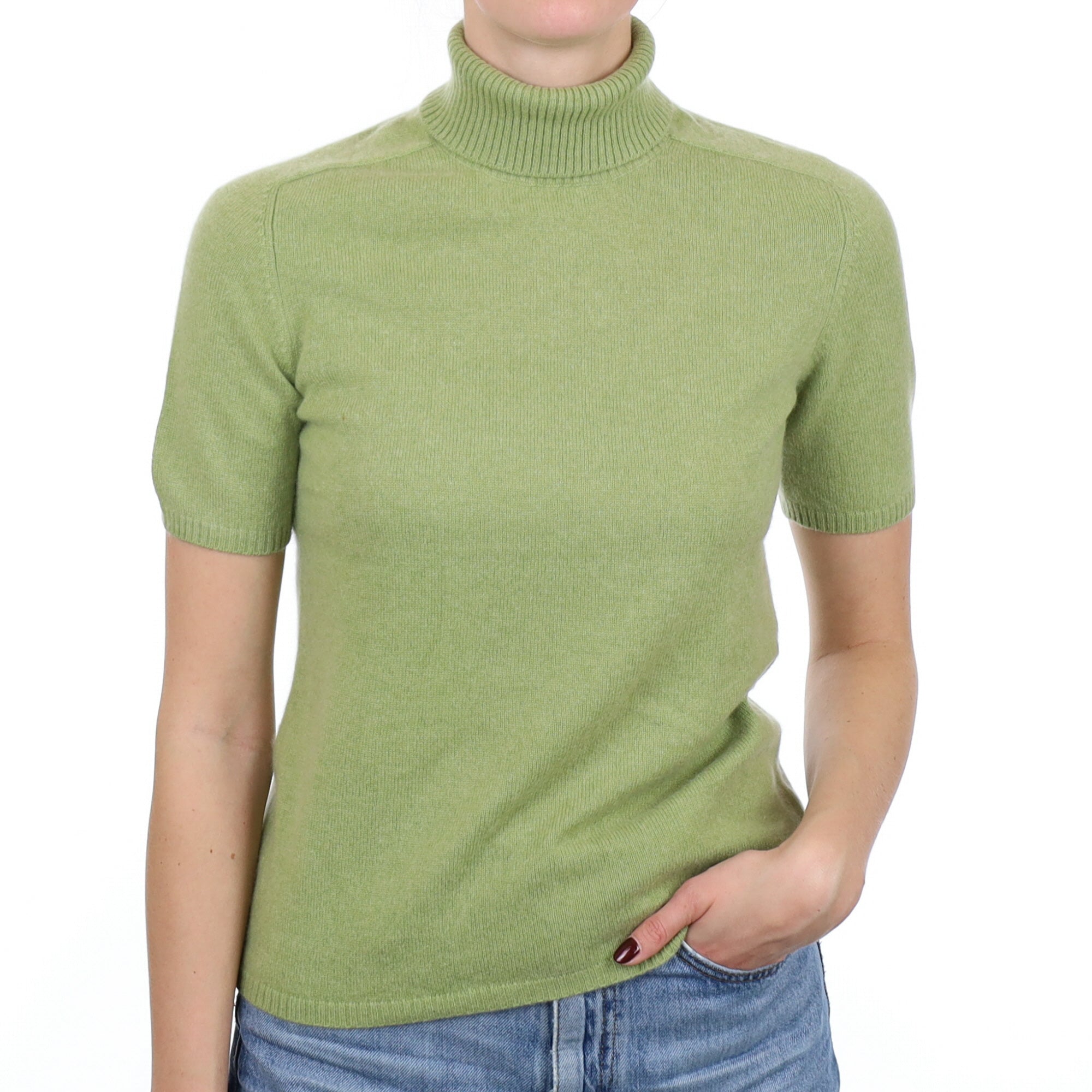 Pistachio Green Cashmere Short Sleeve Polo Neck Jumper Small