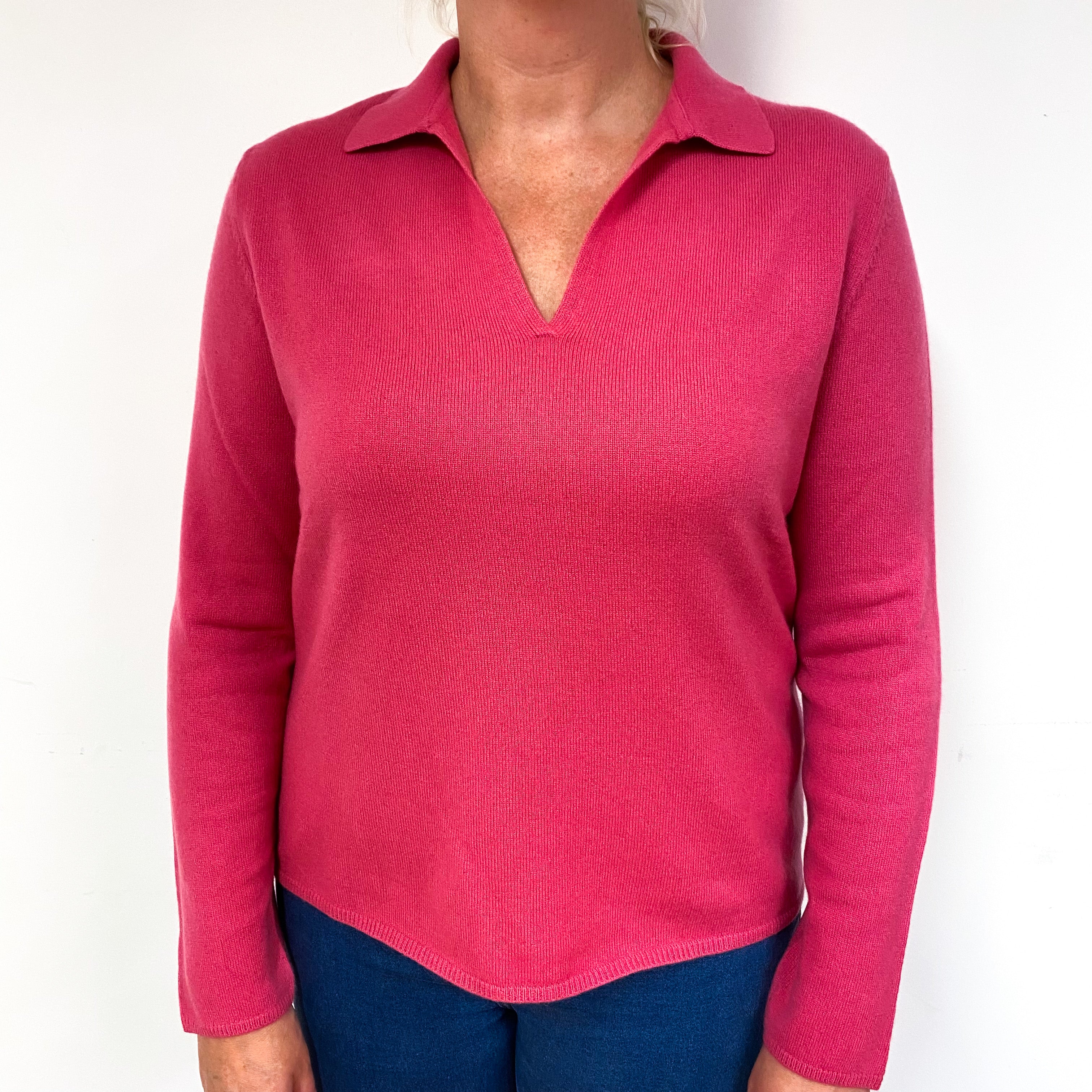 Raspberry Pink Cashmere Collared V-Neck Jumper Large
