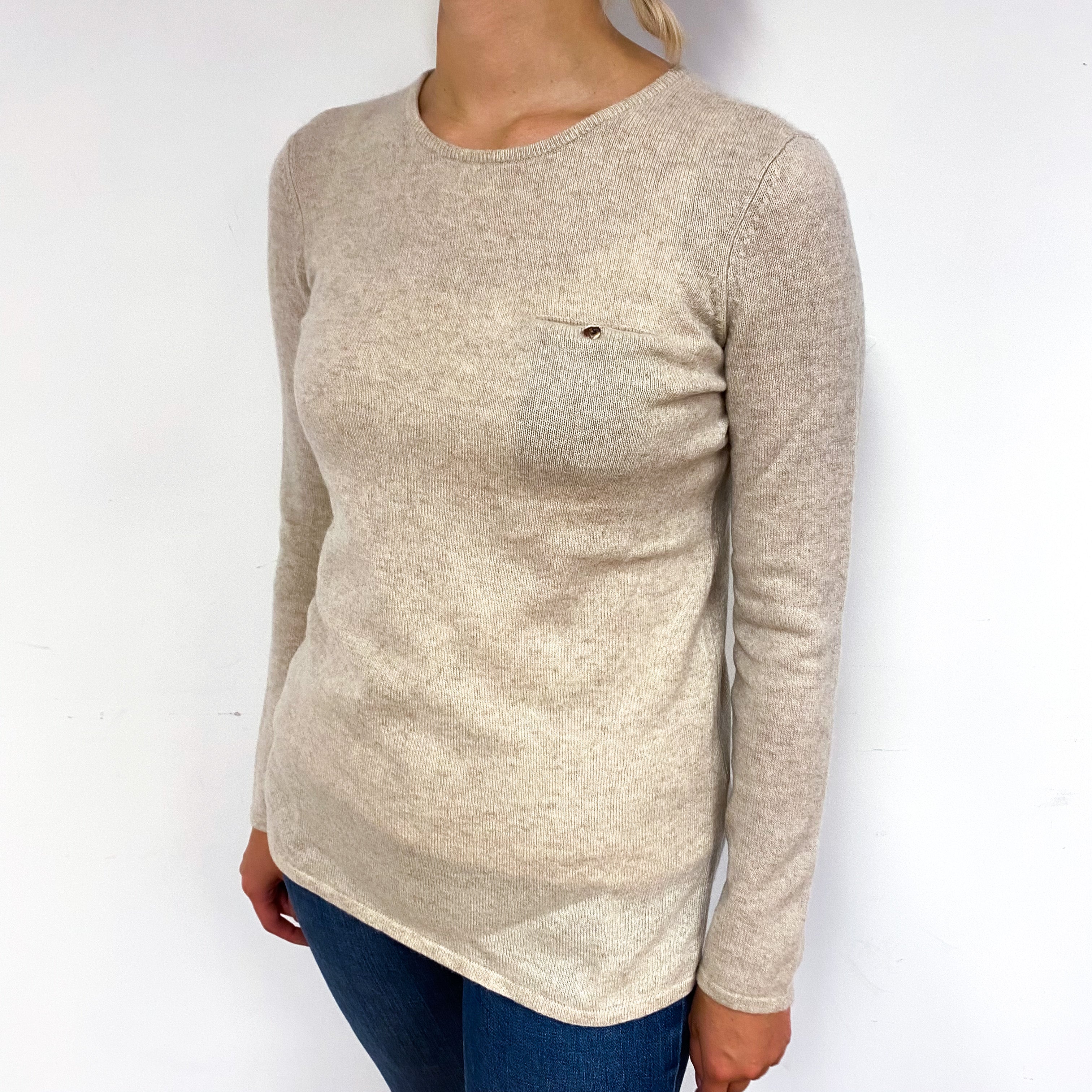 Oatmeal Beige Chest Pocket Cashmere Crew Neck Jumper Small