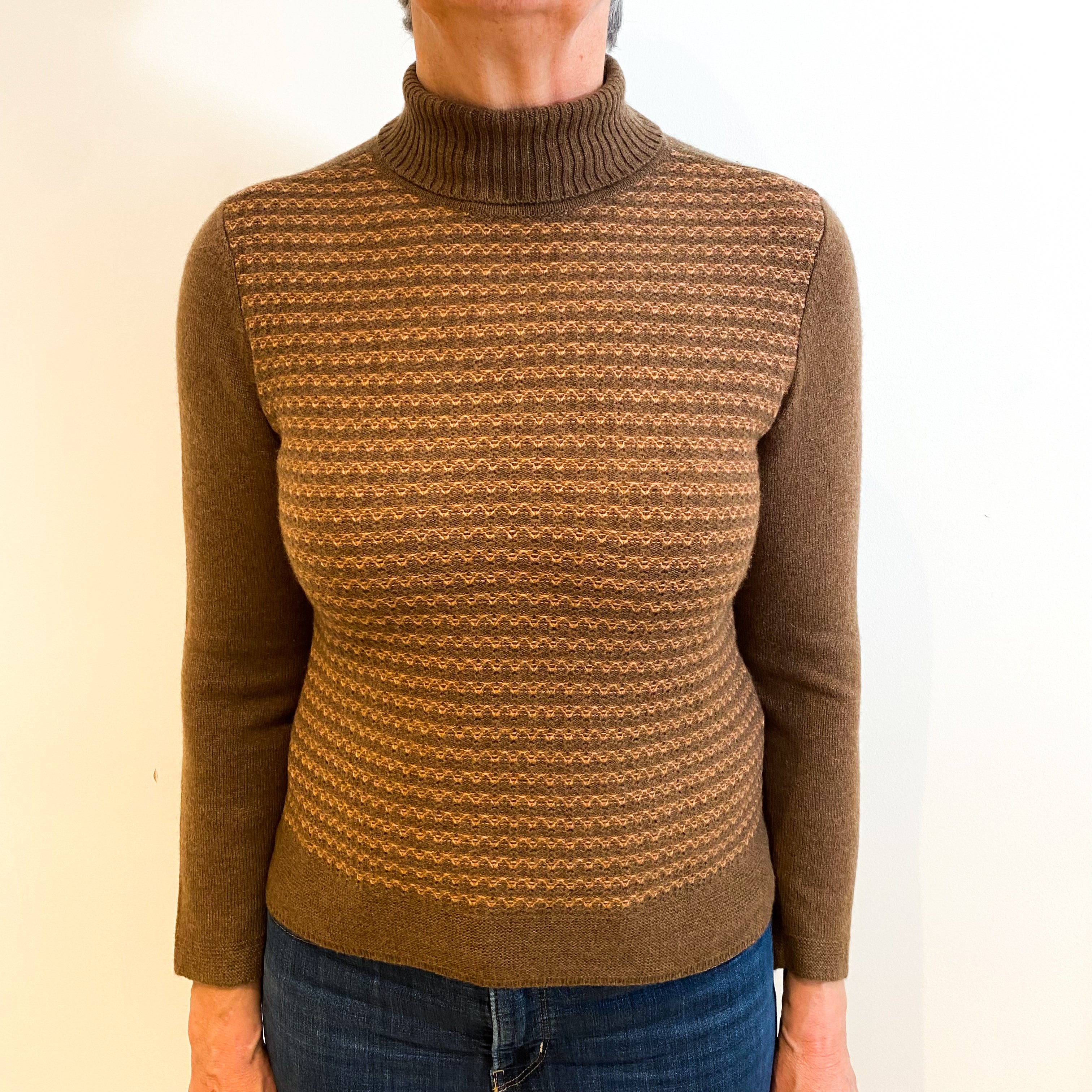 Nutmeg and Caramel Brown Cashmere Polo Neck Jumper Medium