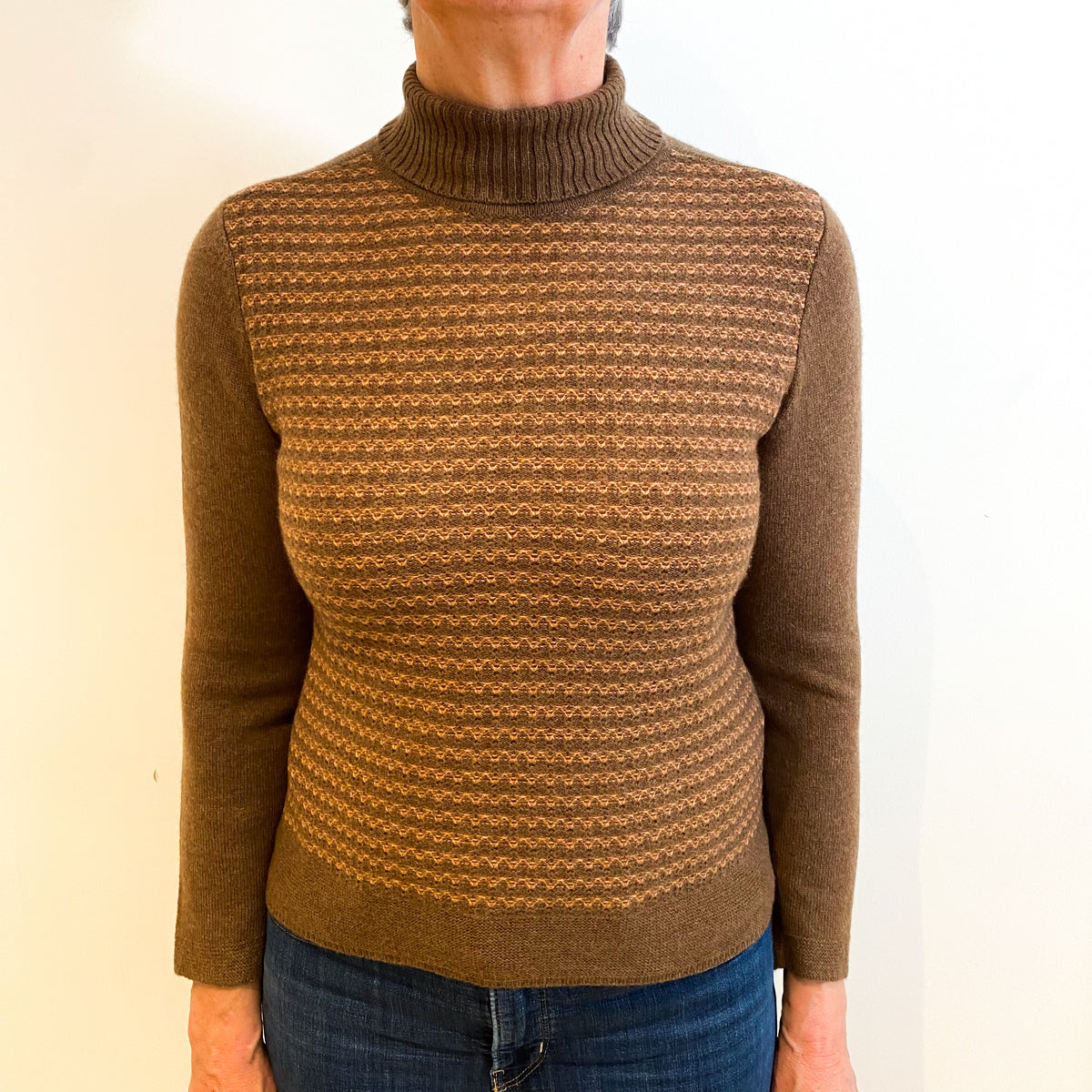 Nutmeg and Caramel Brown Cashmere Polo Neck Jumper Medium