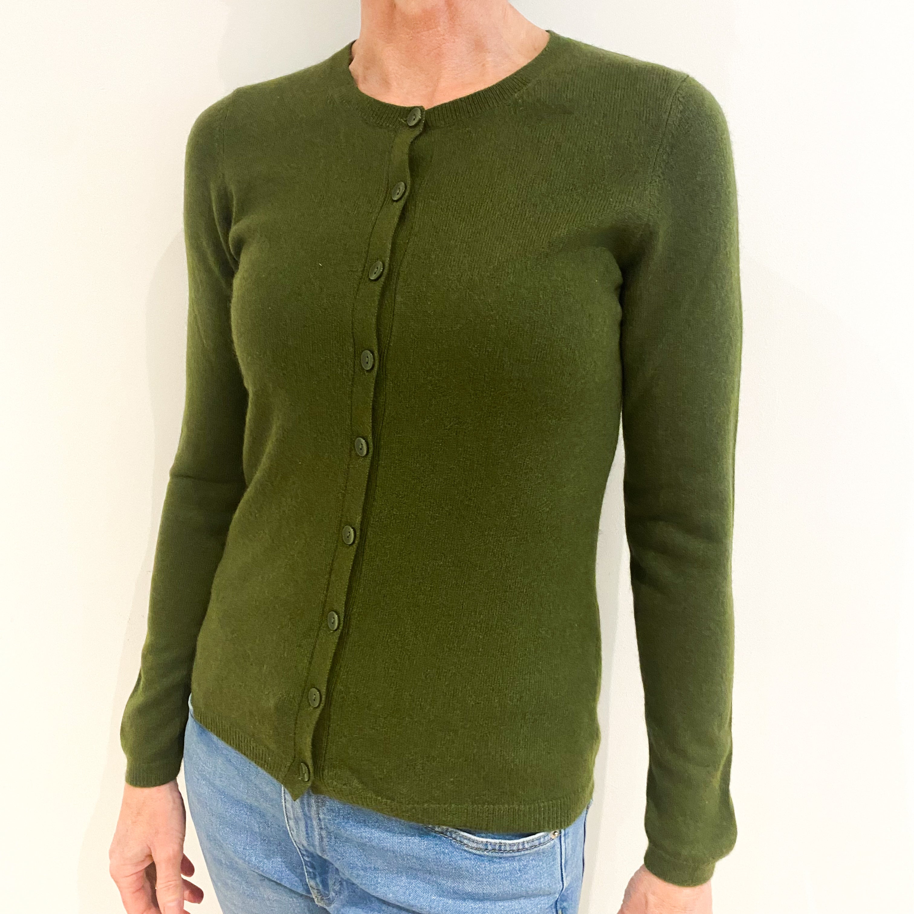 Avocado Green Cashmere Crew Neck Cardigan Small