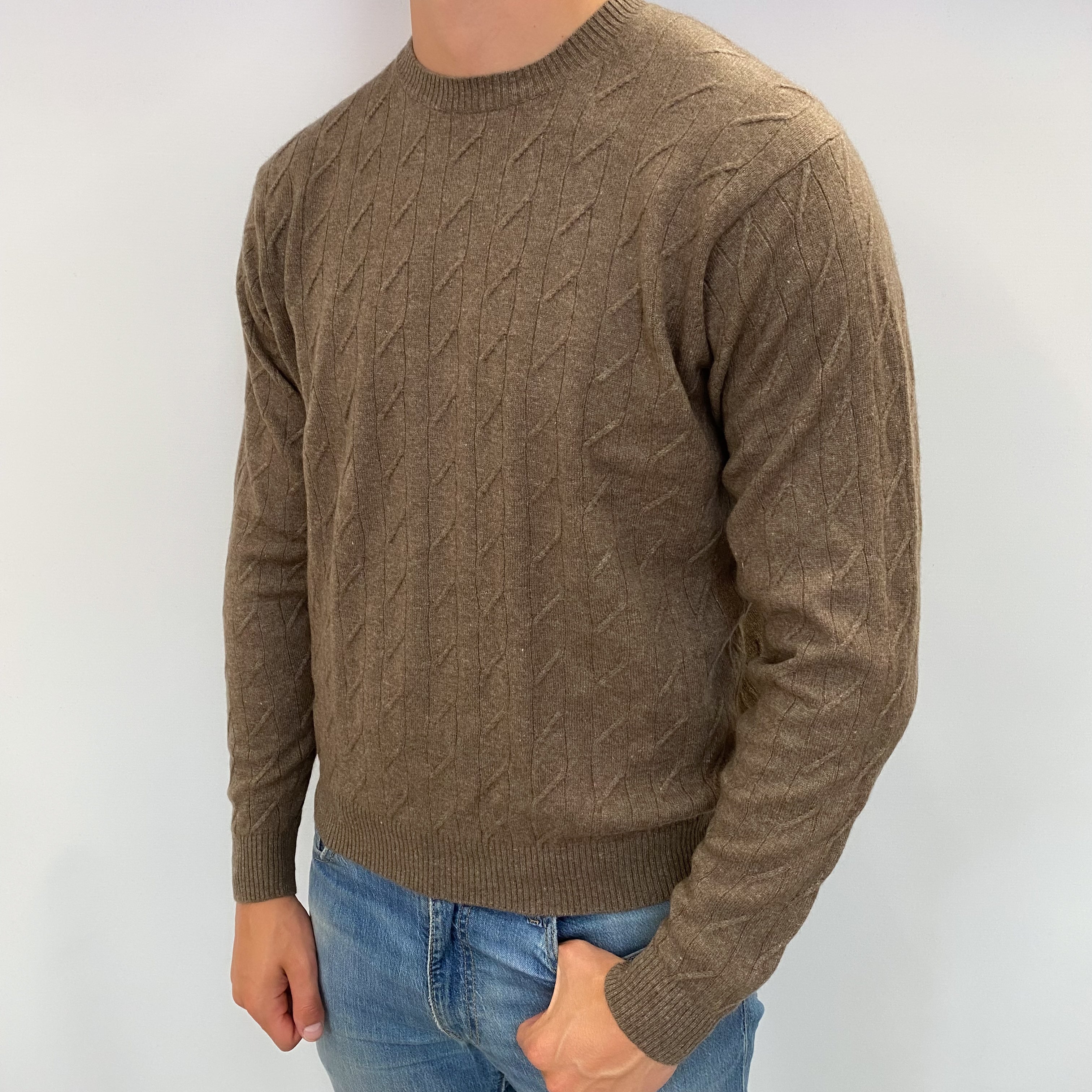 Men's Donkey Brown Cashmere Crew Neck Cable Knit Jumper XL