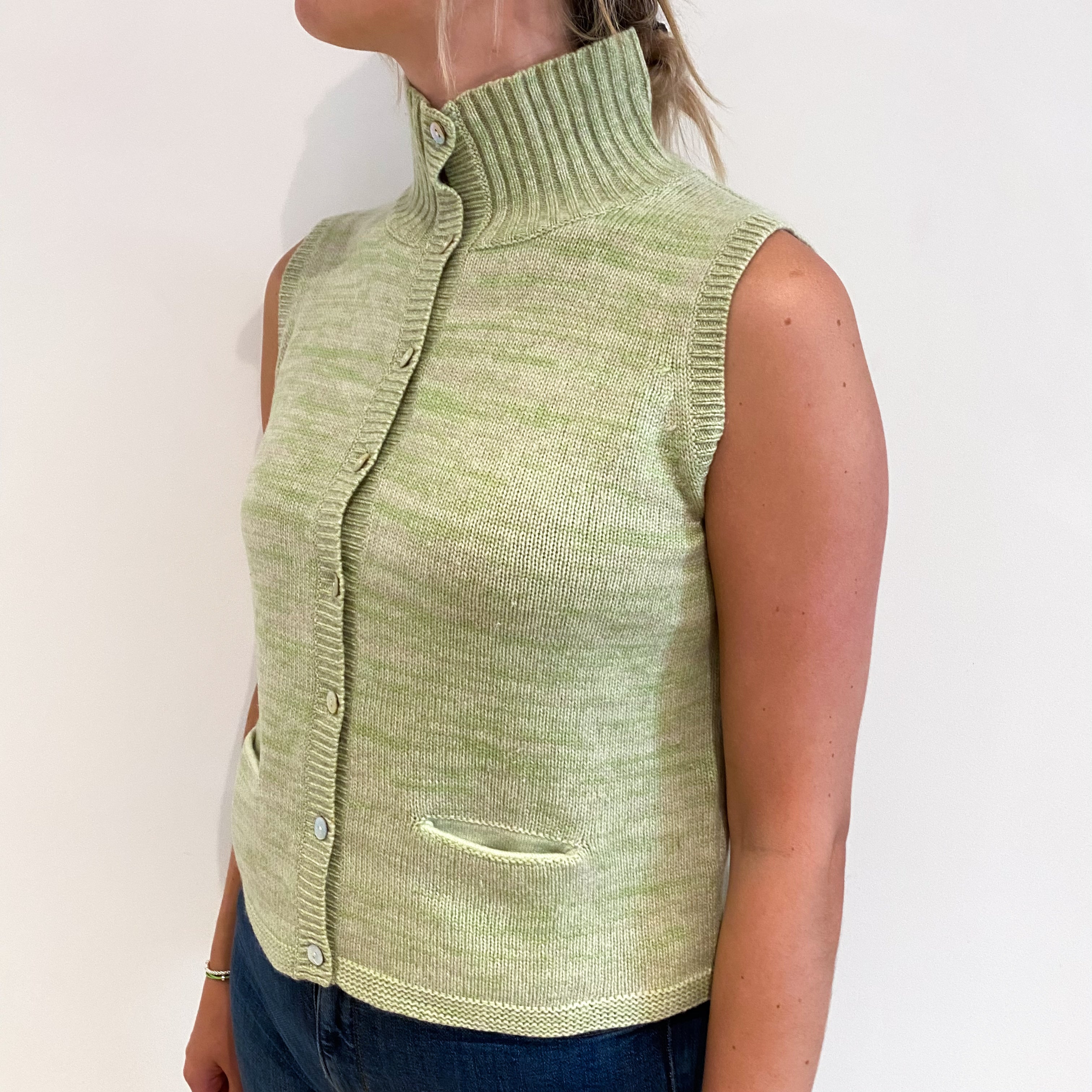 Soft Lime Green Cashmere Turtle Neck Gilet with Pockets Small