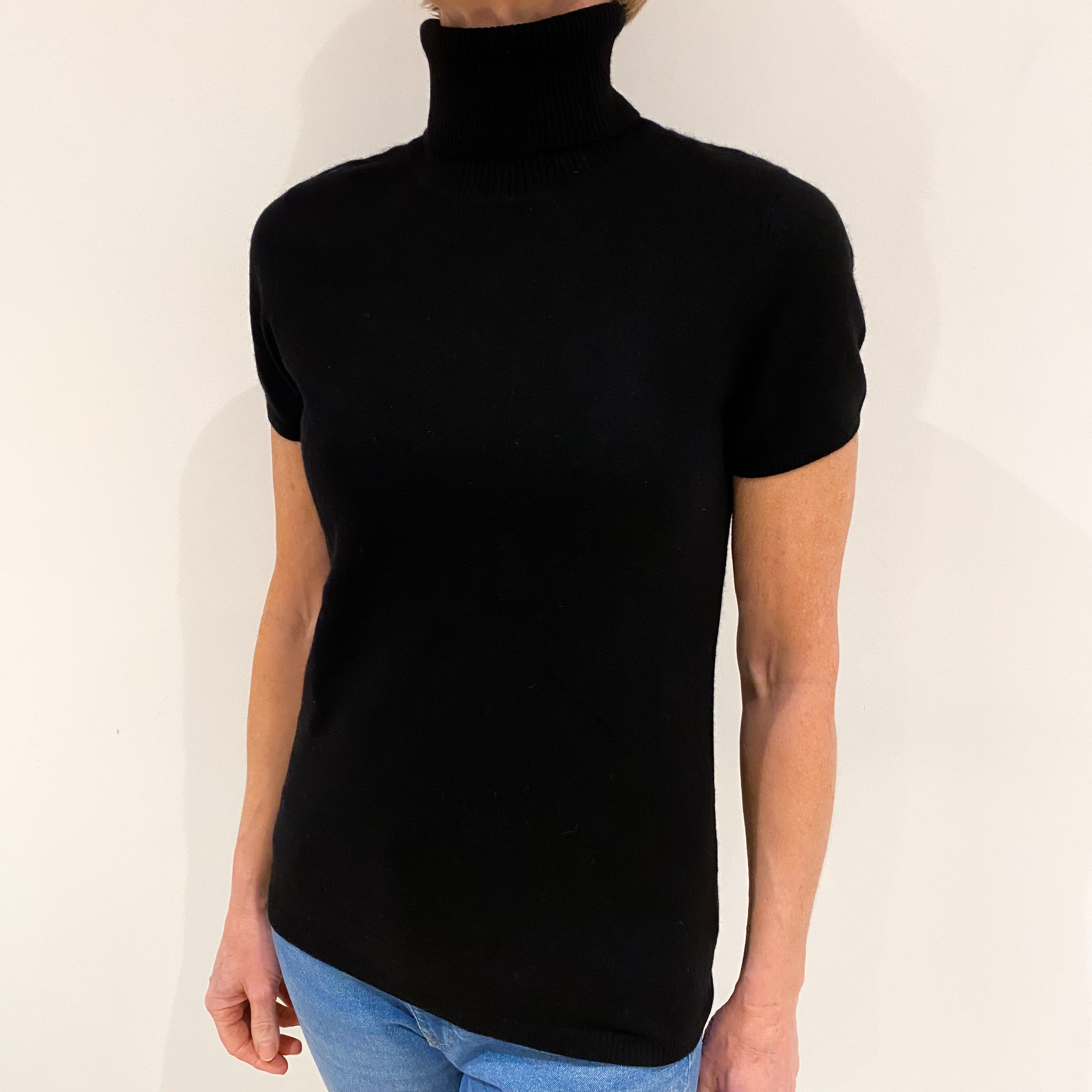 Black Cashmere Short Sleeved Polo Neck Jumper Small