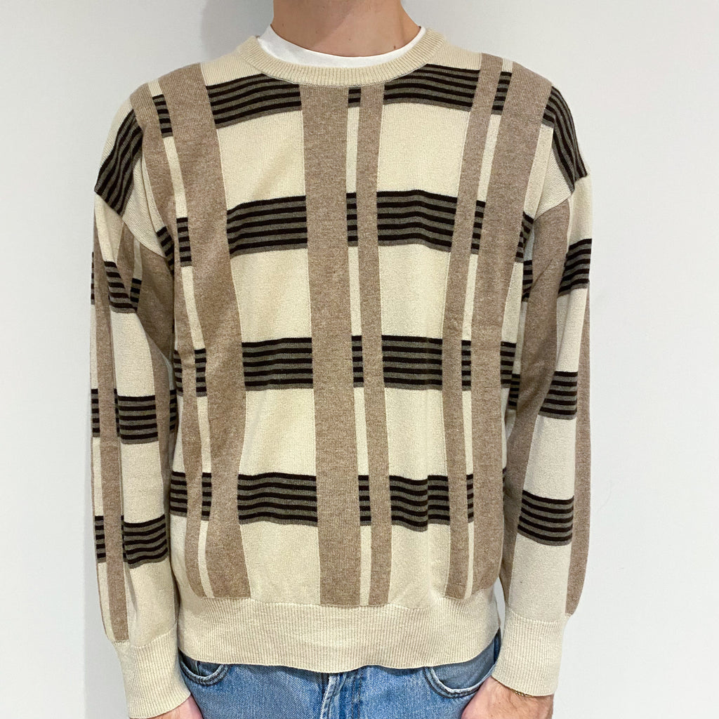 Men's Cream and Brown Checked Cashmere Crew Neck Jumper Large