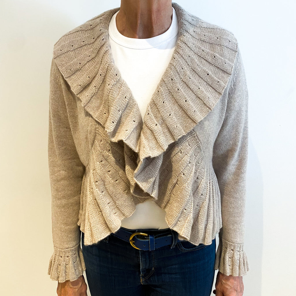 Fawn Beige Cashmere Ruffle Trimmed Cardigan Medium