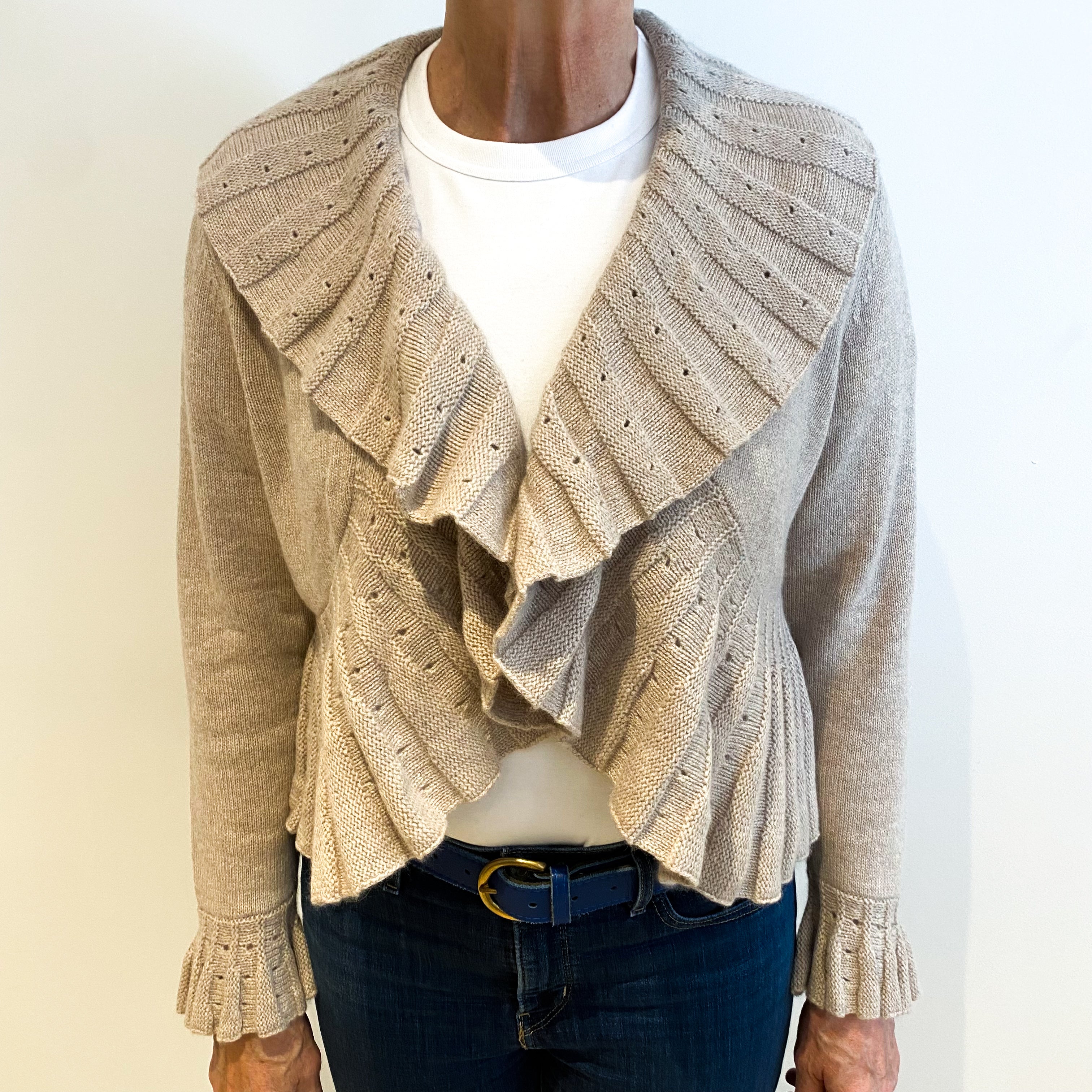 Fawn Beige Cashmere Ruffle Trimmed Cardigan Medium