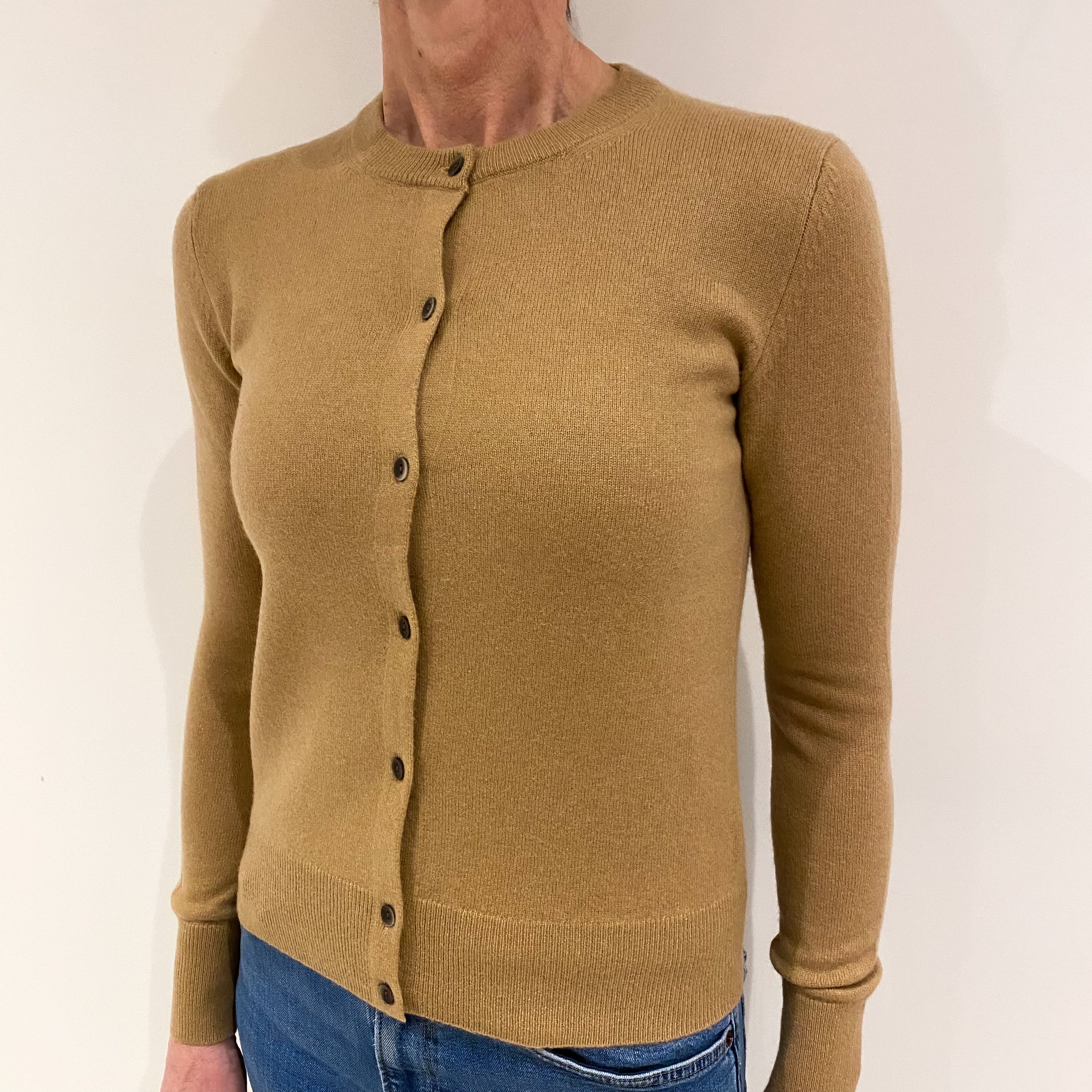 Camel Brown Cashmere Crew Neck Cardigan Small