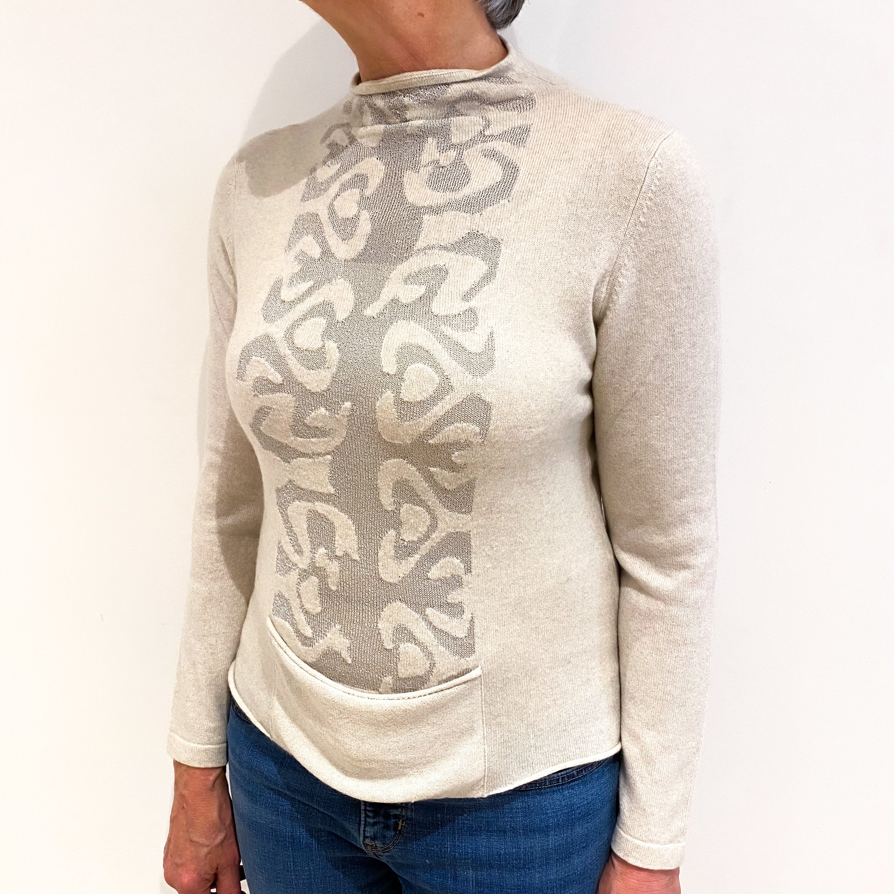 Alabaster Beige With Silver Thread Design Cashmere Polo Neck Jumper Medium