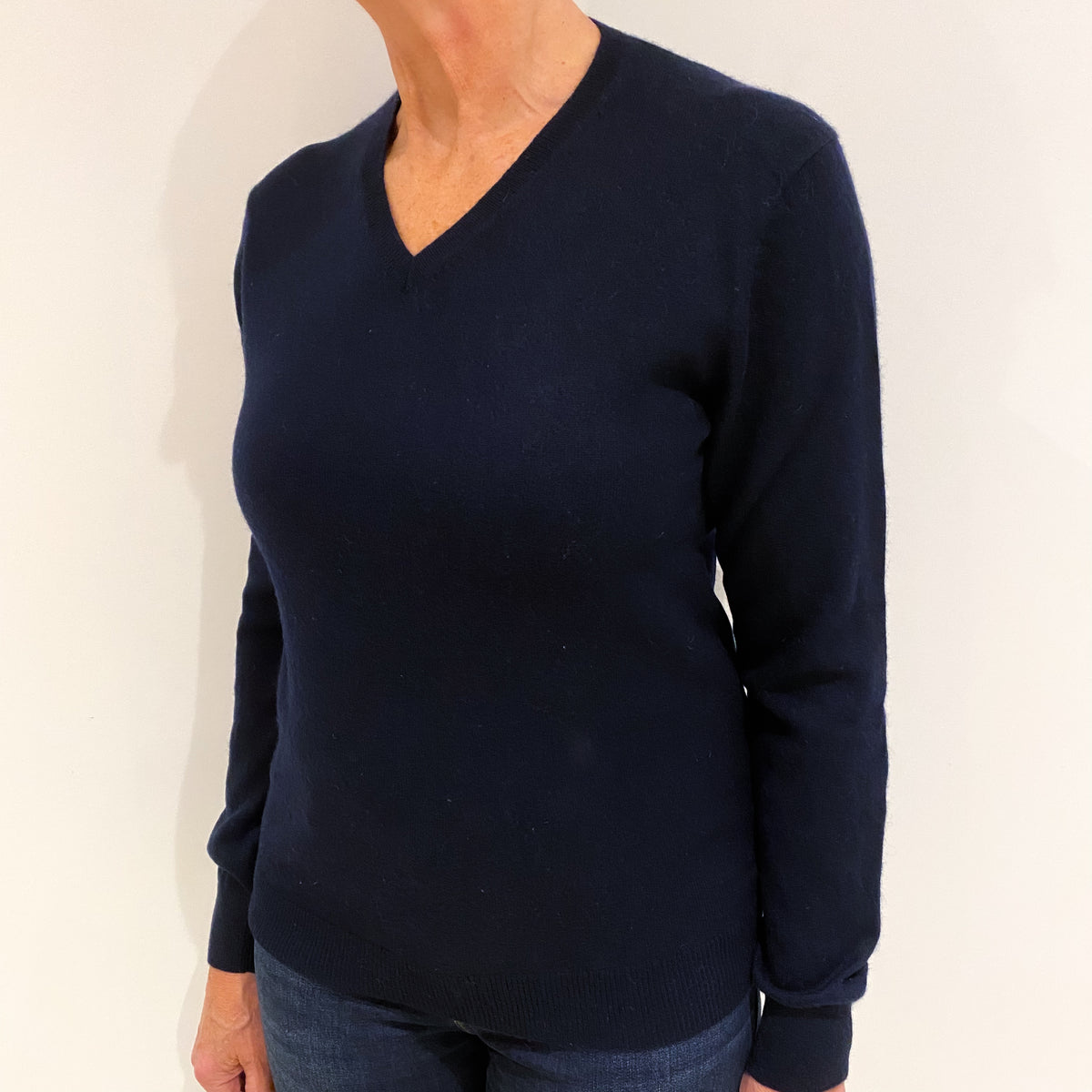 Dark Navy Blue Cashmere V Neck Jumper Medium