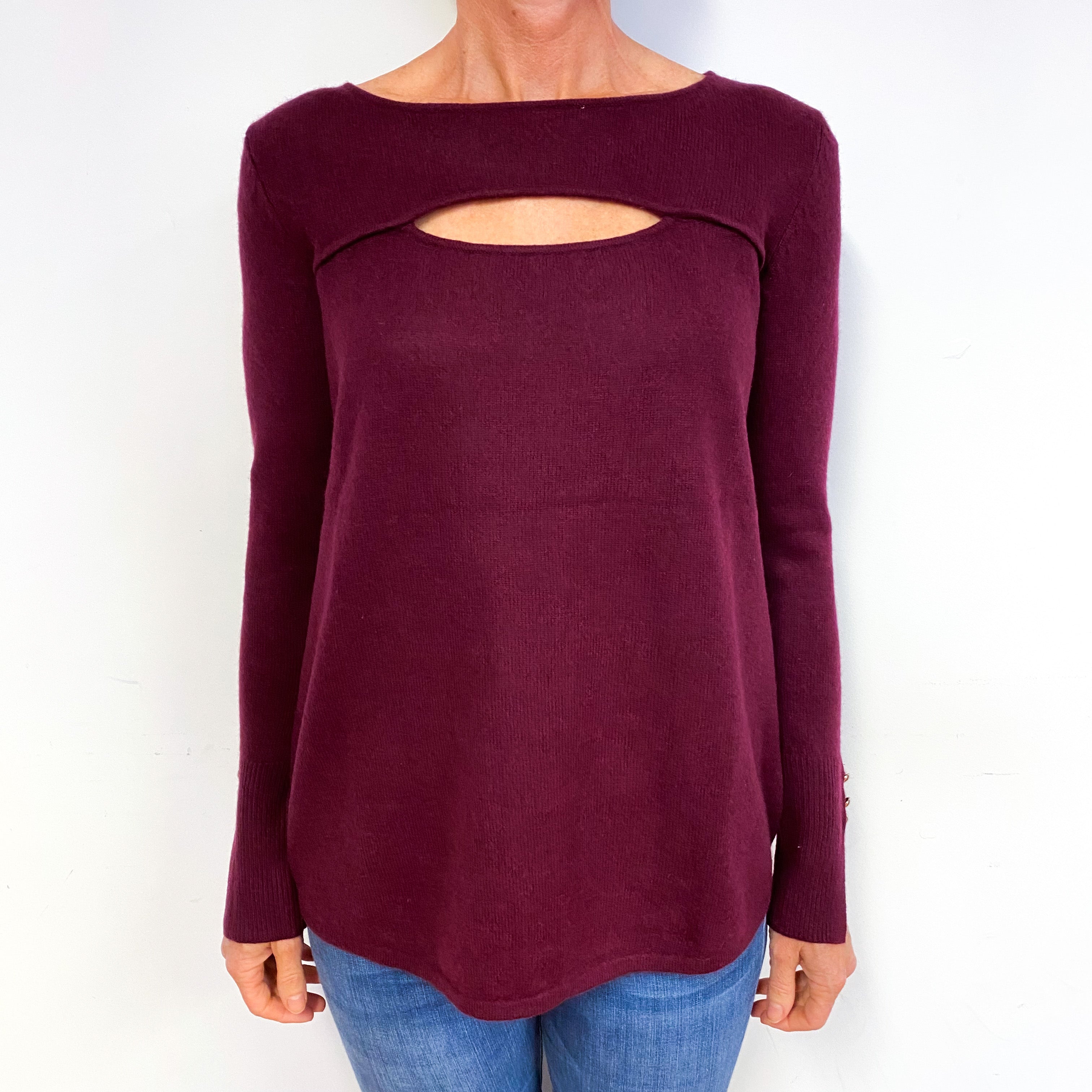 Wine Red Cut Out Cashmere Crew Neck Jumper Medium