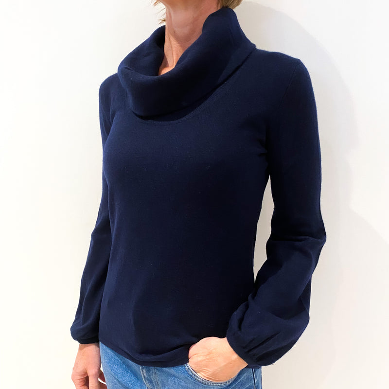 Navy Blue Balloon Sleeve Cashmere Cowl Neck Jumper Small