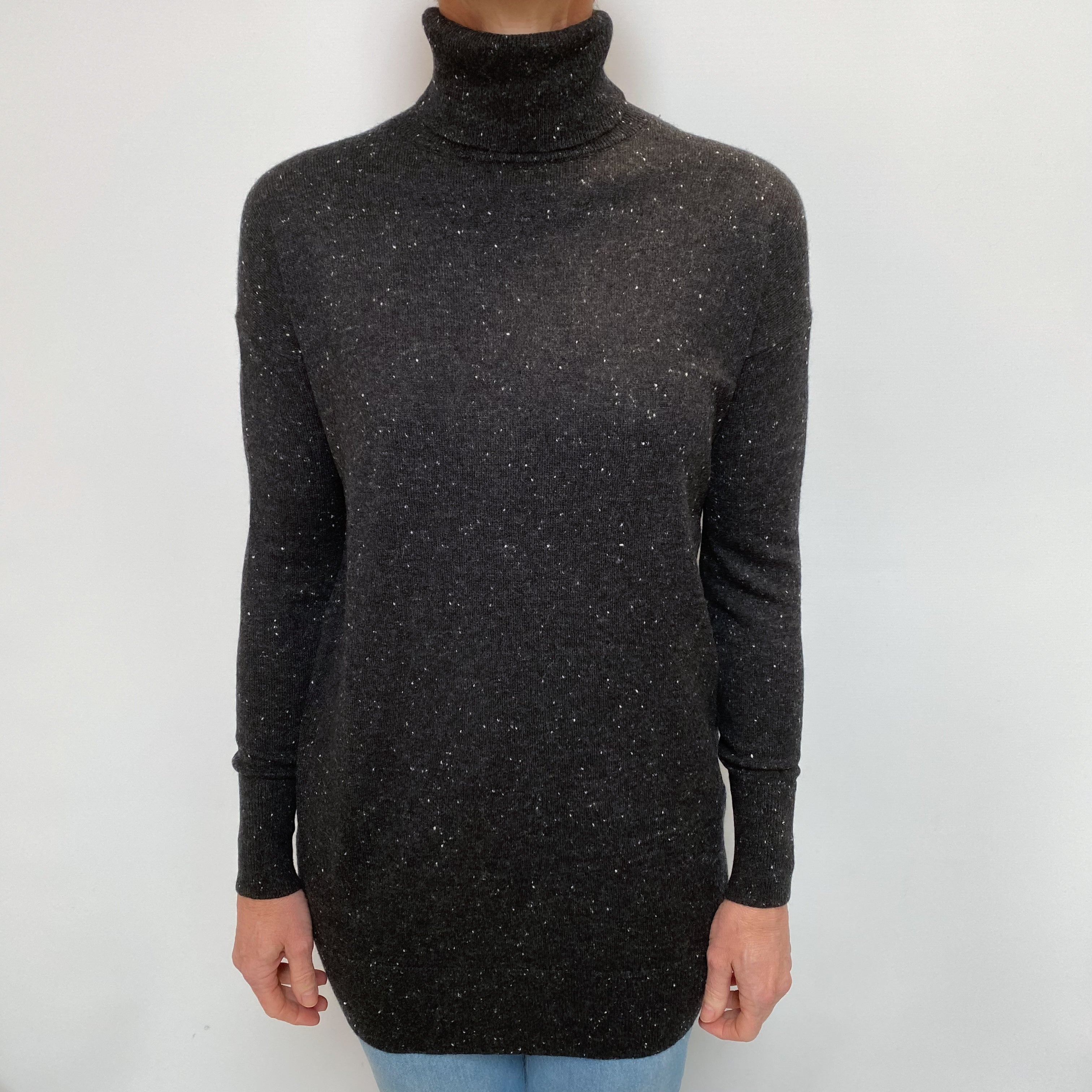 Charcoal Flecked Cashmere Longline Polo Neck Jumper Small