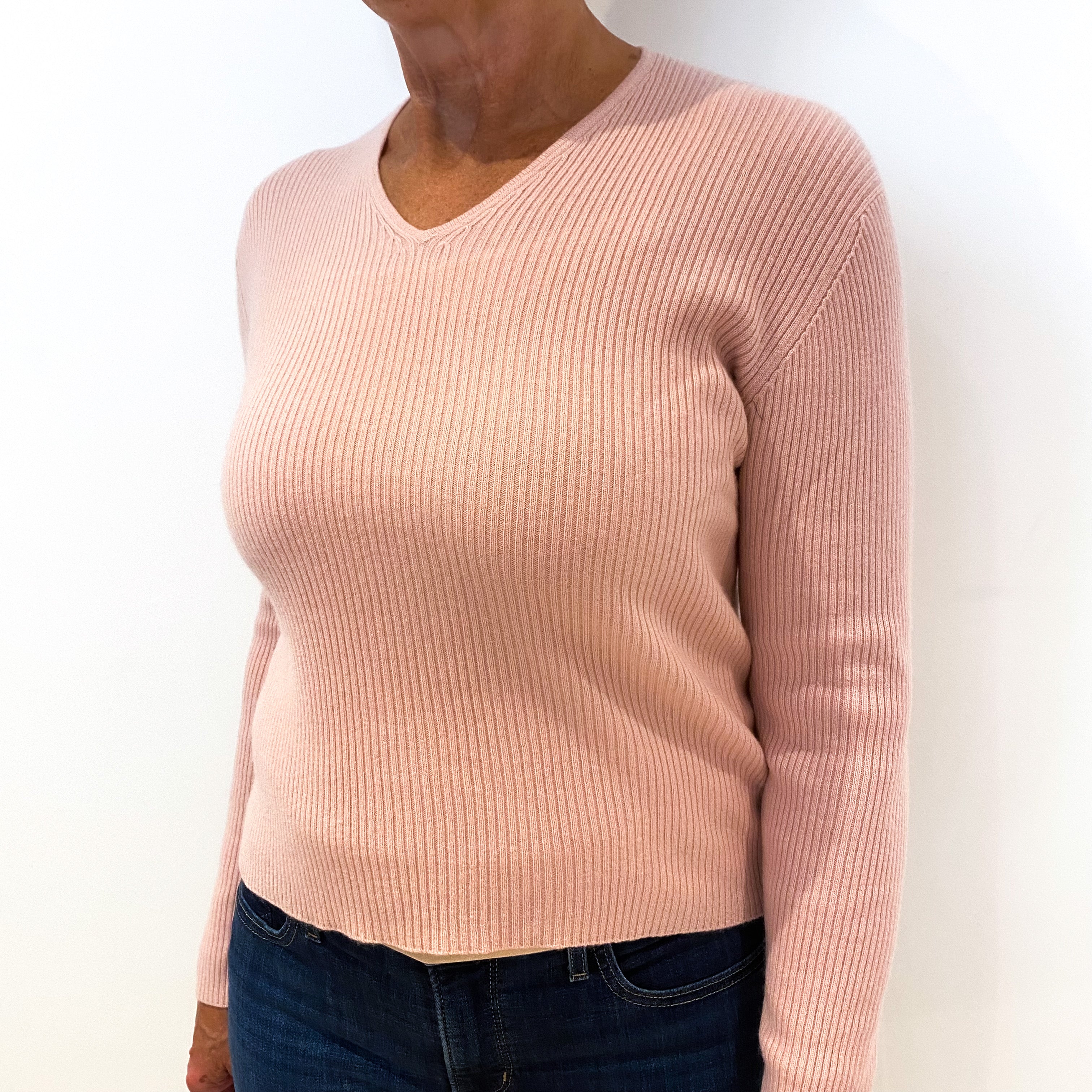 Shell Pink Ribbed Cashmere V-Neck Jumper Medium