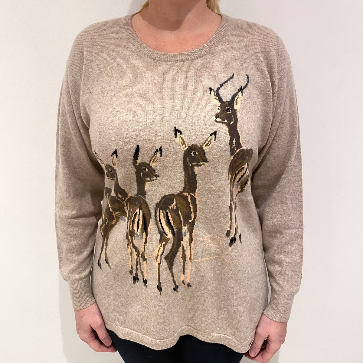 Biscuit Brown Deer Design Cashmere Crew Neck Jumper Large