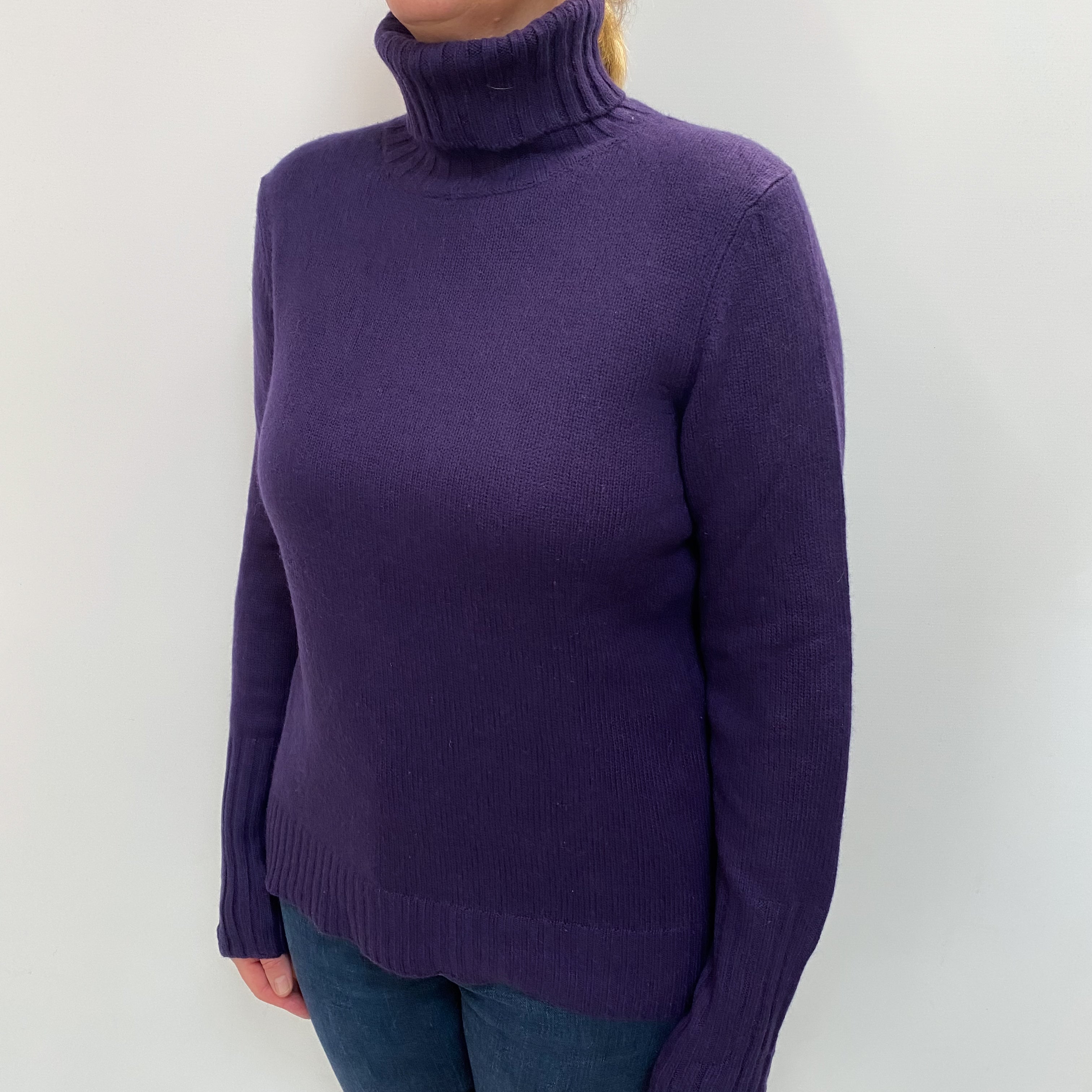 Grape Purple Cashmere Chunky Polo Neck Jumper Large