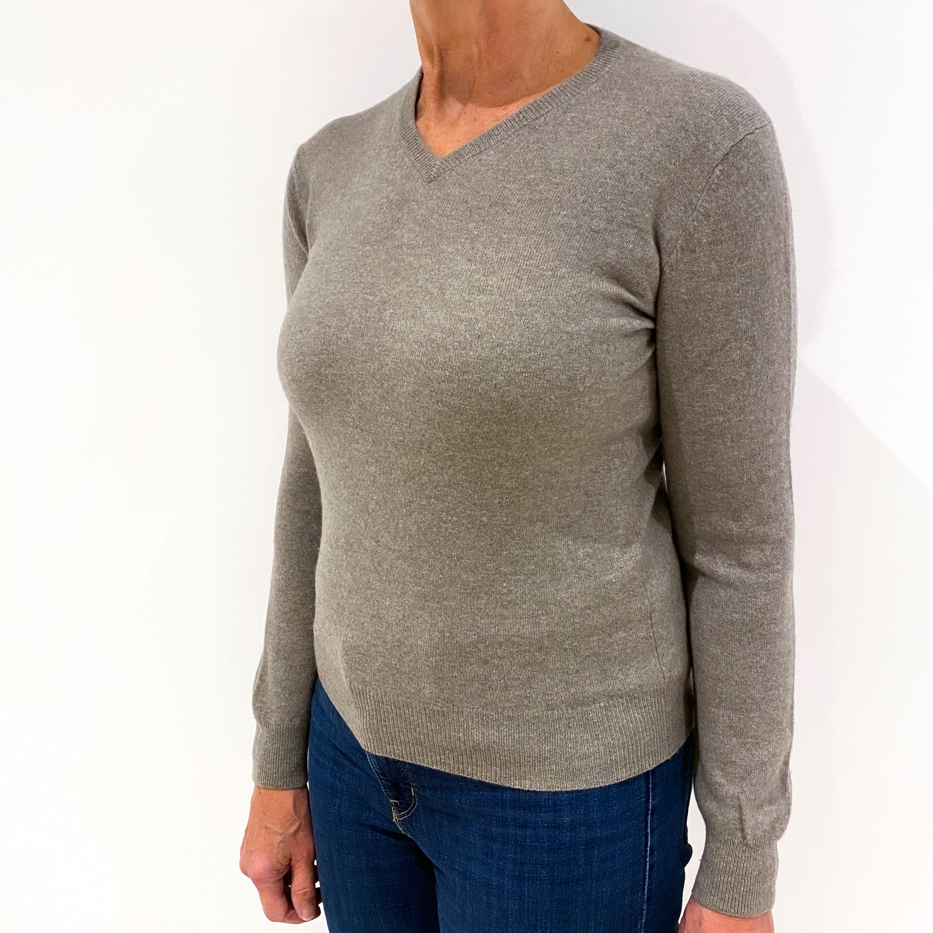 Latte Brown Cashmere V-Neck Jumper Medium