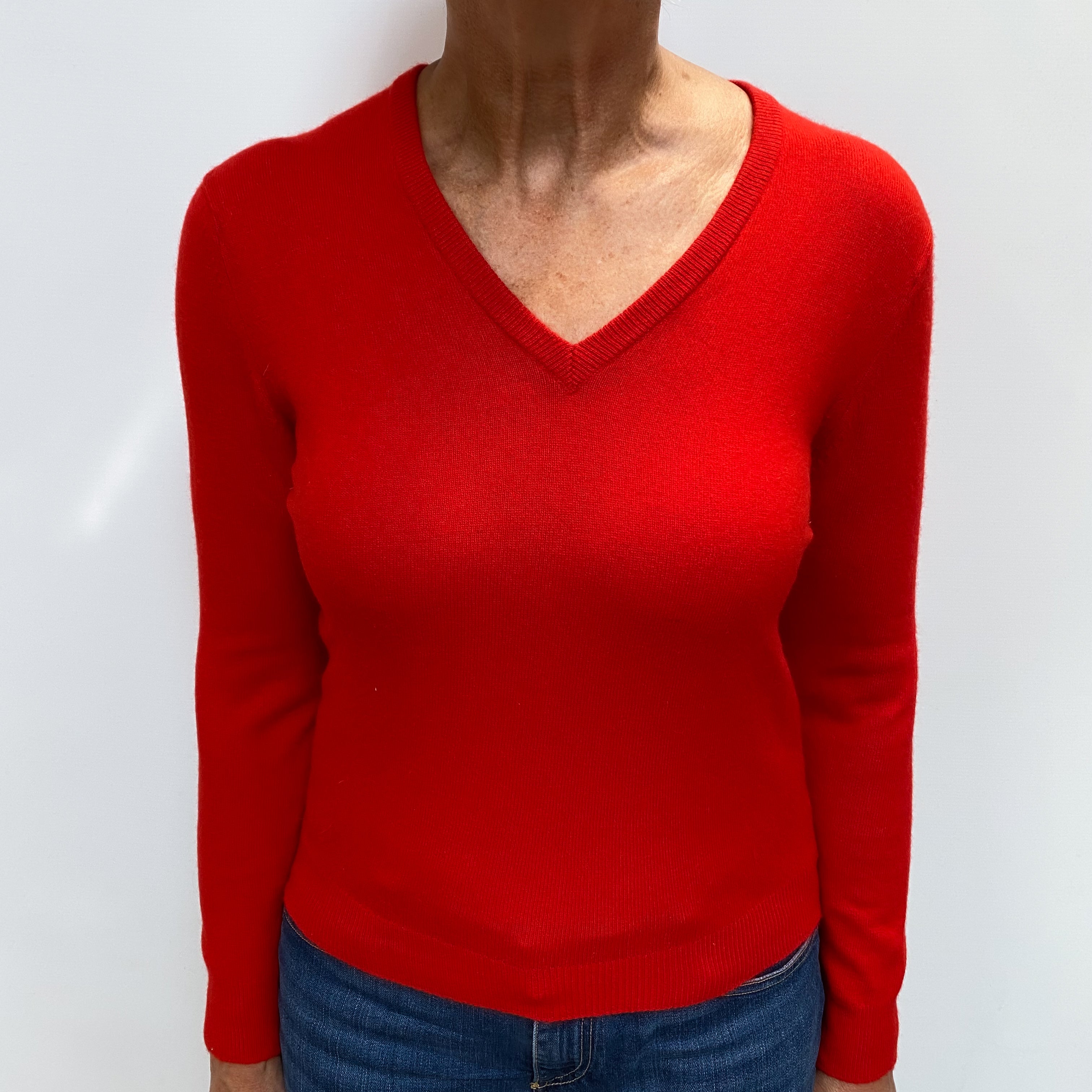 Vintage Vermillion Red Cashmere V Neck Jumper Medium