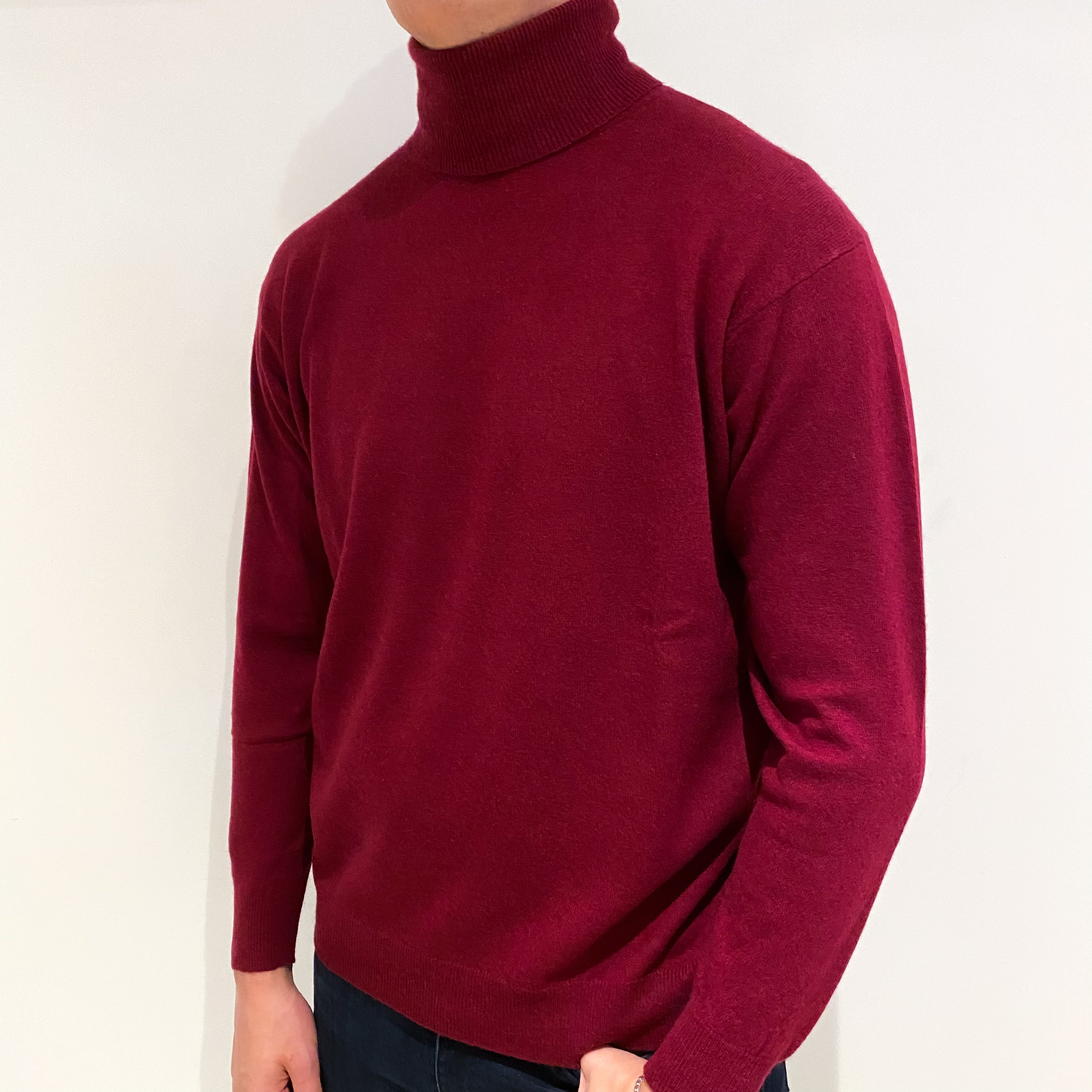 Men's Garnet Red Cashmere Polo Neck Jumper Extra Large