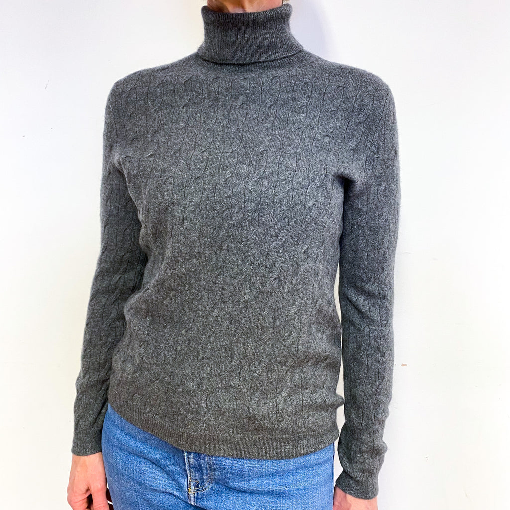 Steel Grey Cashmere Cable Knit Polo Neck Jumper Medium