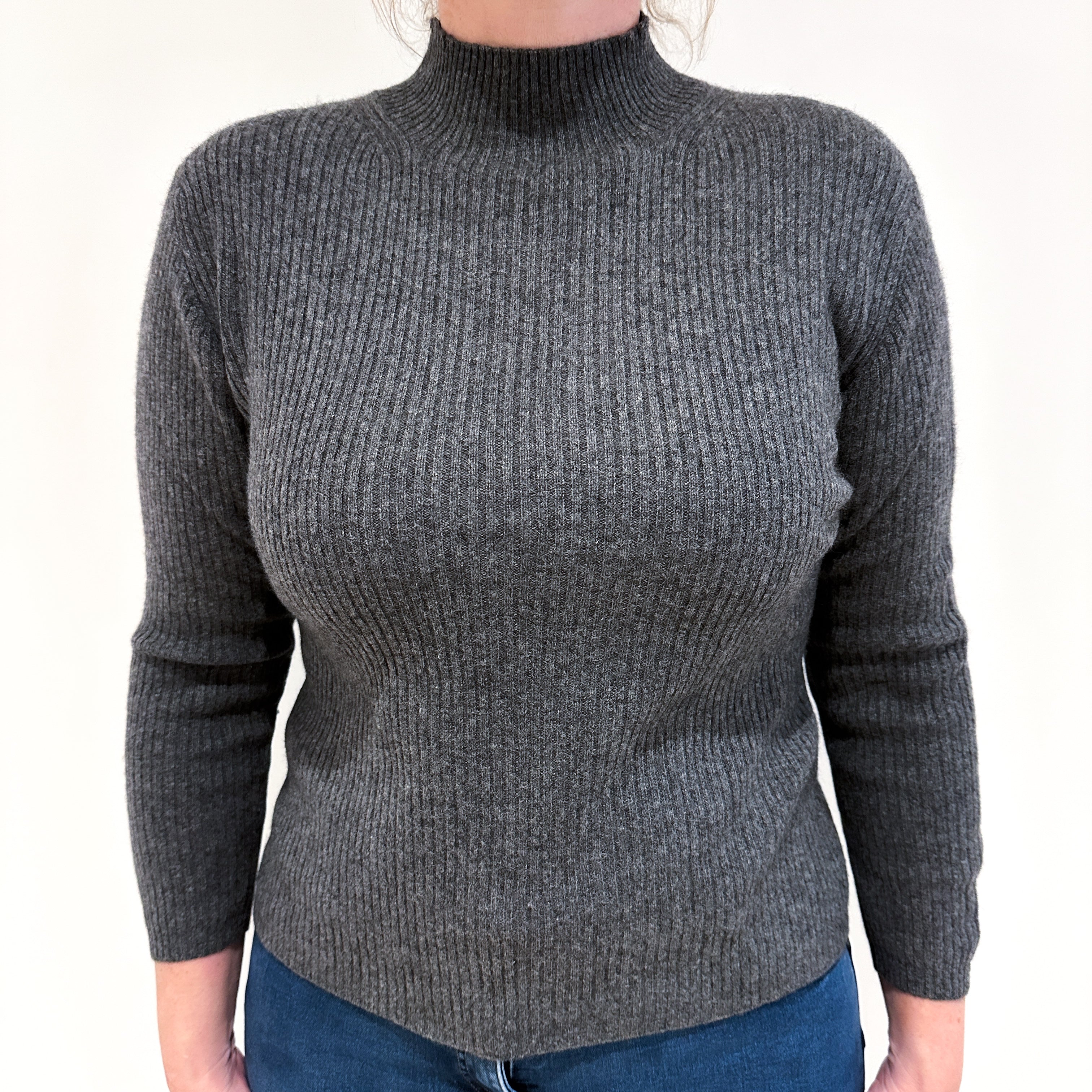 Slate Grey Rib Cashmere Turtle Neck Jumper Large