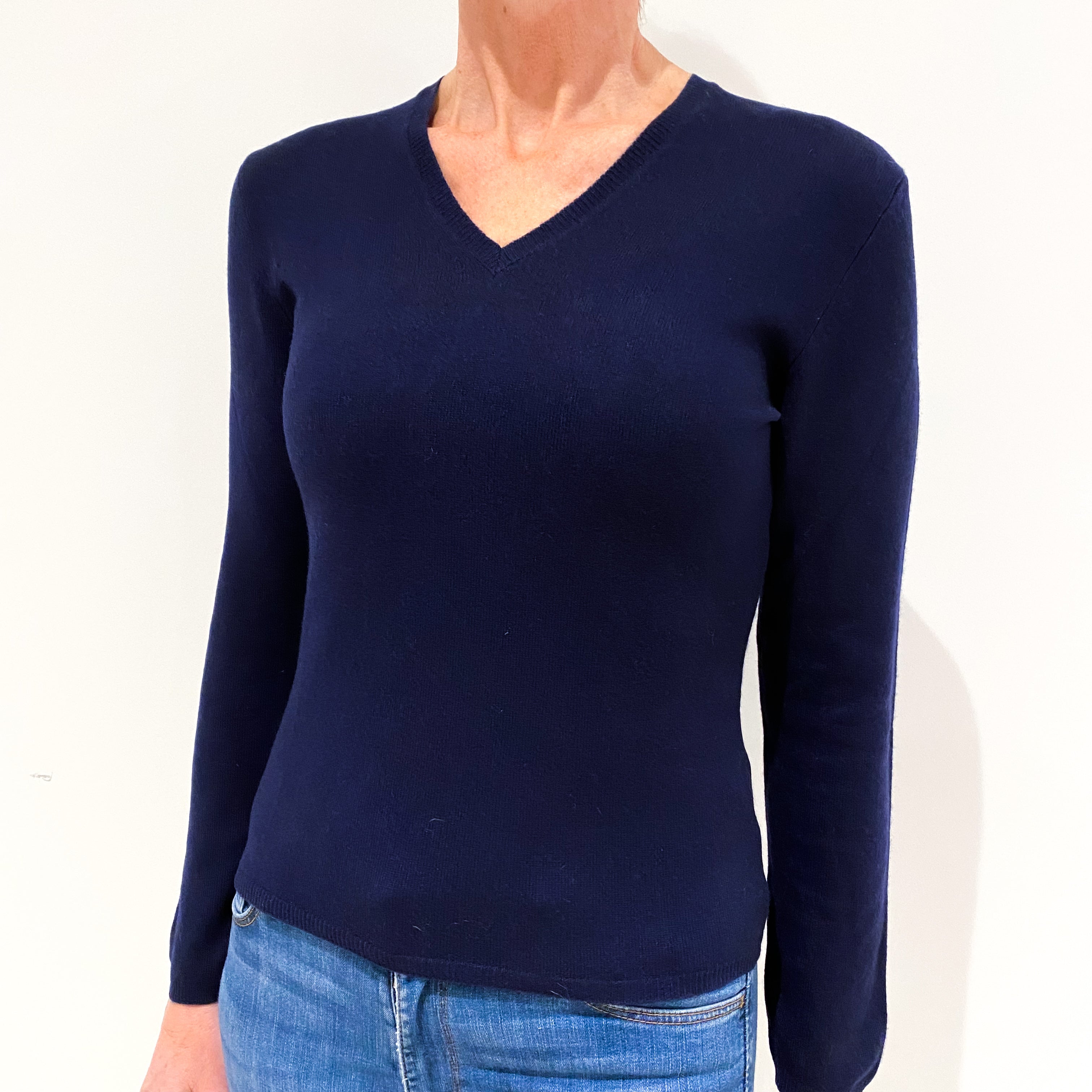 Navy Blue Cashmere V-Neck Jumper Small