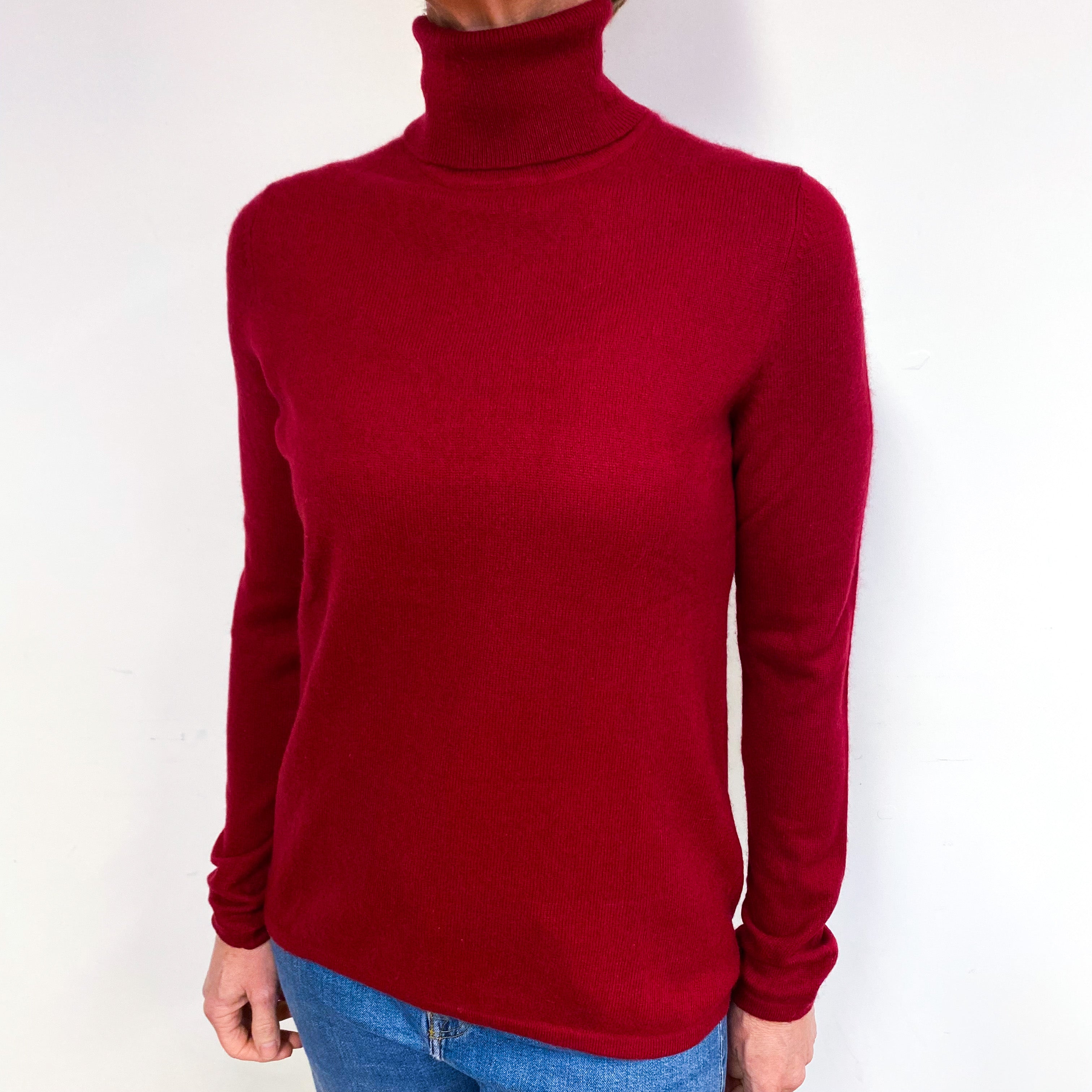 Crimson Red Cashmere Polo Neck Jumper Medium